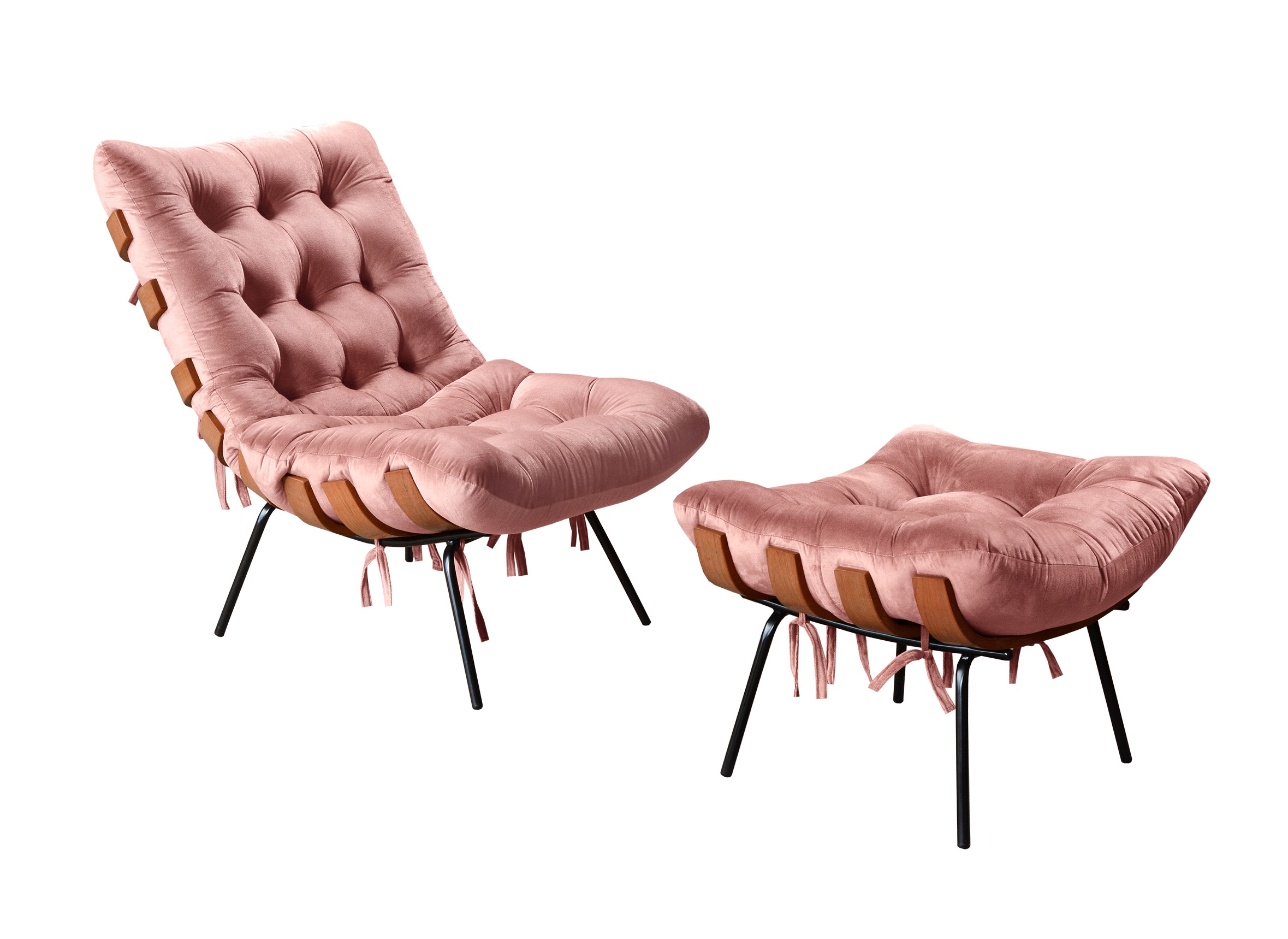 Poltrona Com Puff Costela Base Fixa Veludo Rosê Bella Decor