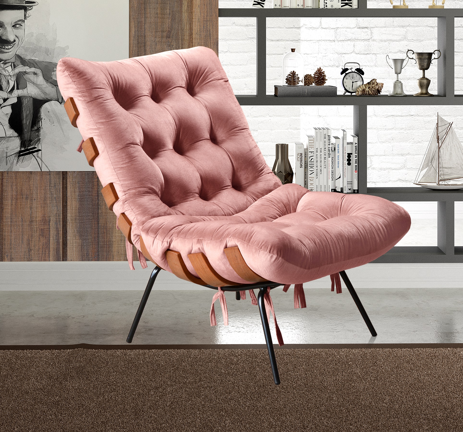 Poltrona Com Puff Costela Base Fixa Veludo Rosê Bella Decor