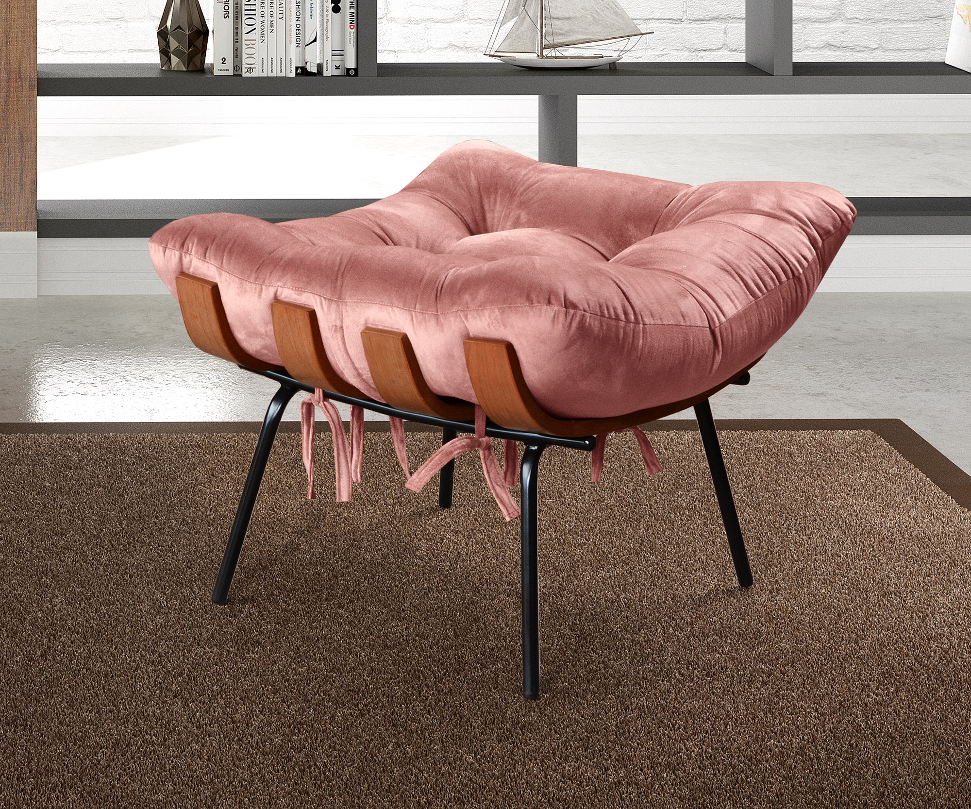 Poltrona Com Puff Costela Base Fixa Veludo Rosê Bella Decor