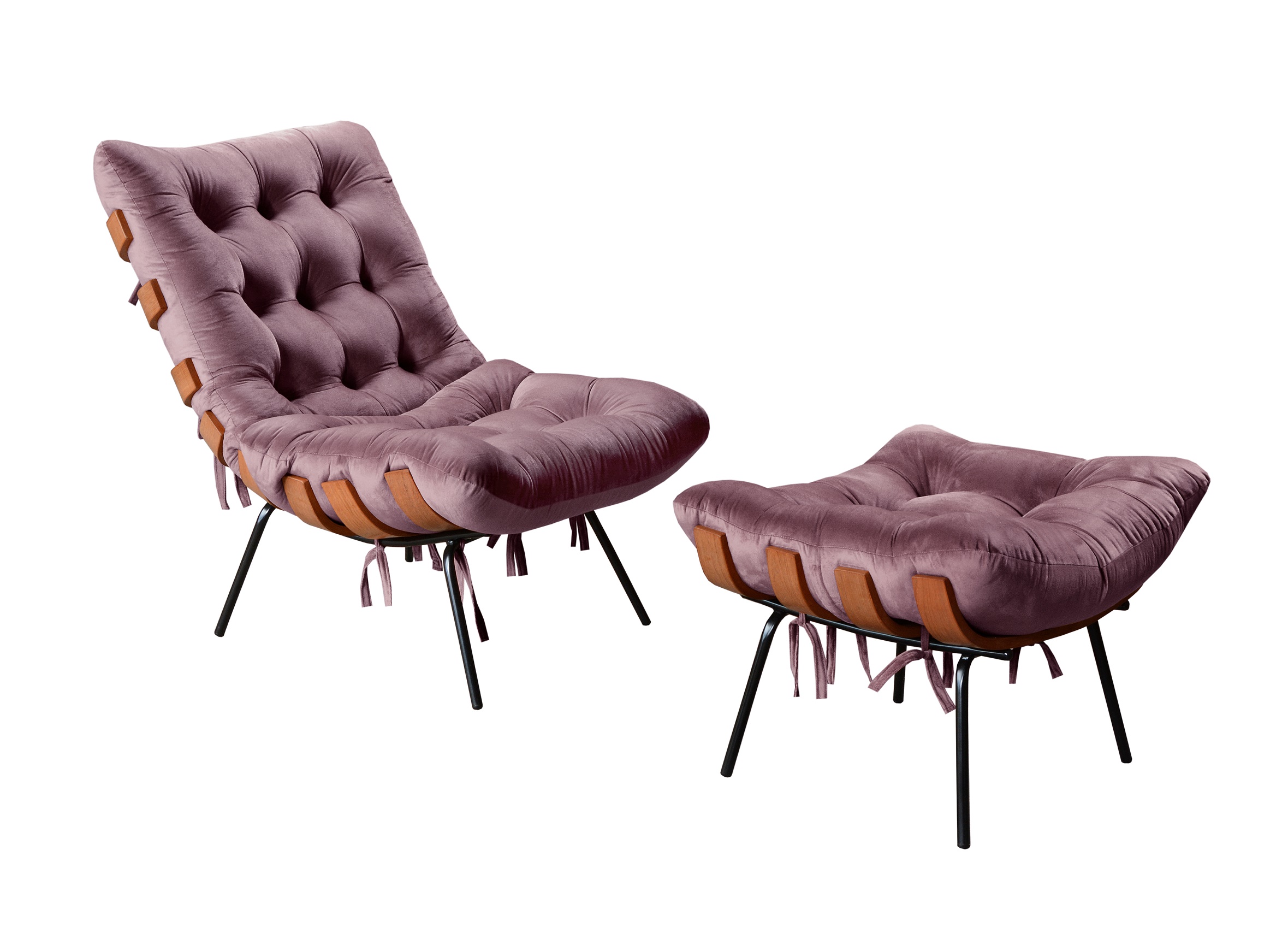 Poltrona Com Puff Costela Base Fixa Veludo Roxo Bella Decor