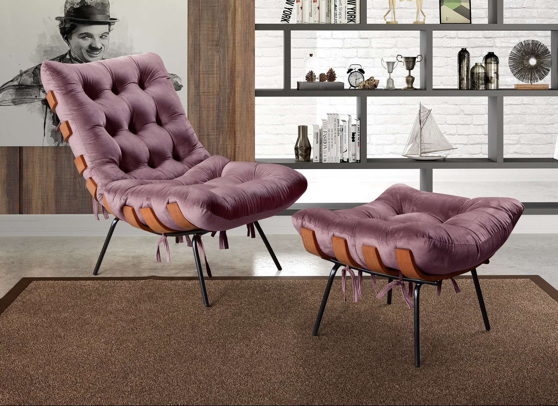Poltrona Com Puff Costela Base Fixa Veludo Roxo Bella Decor