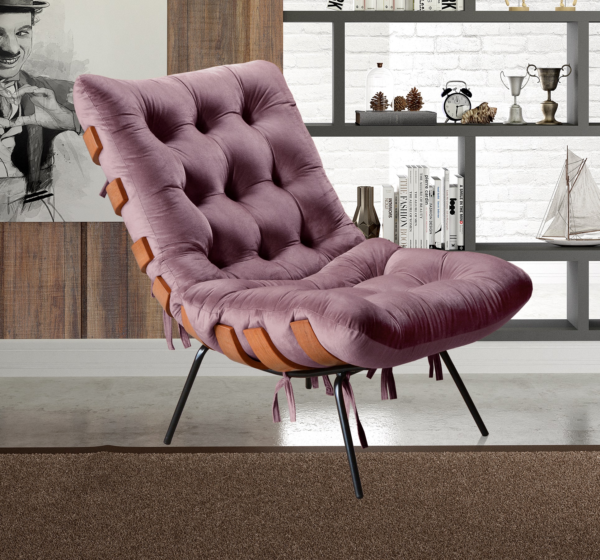 Poltrona Com Puff Costela Base Fixa Veludo Roxo Bella Decor