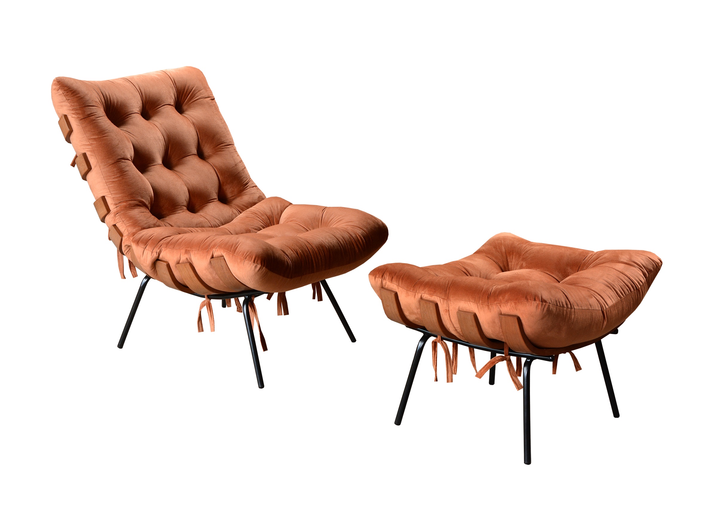 Poltrona Com Puff Costela Base Fixa Veludo Terracota Bella Decor