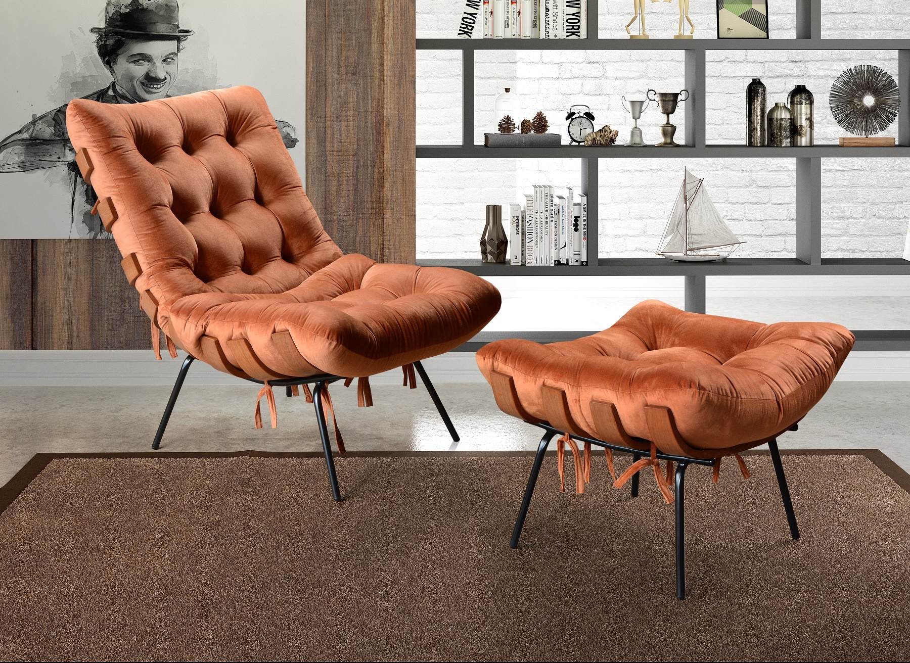 Poltrona Com Puff Costela Base Fixa Veludo Terracota Bella Decor