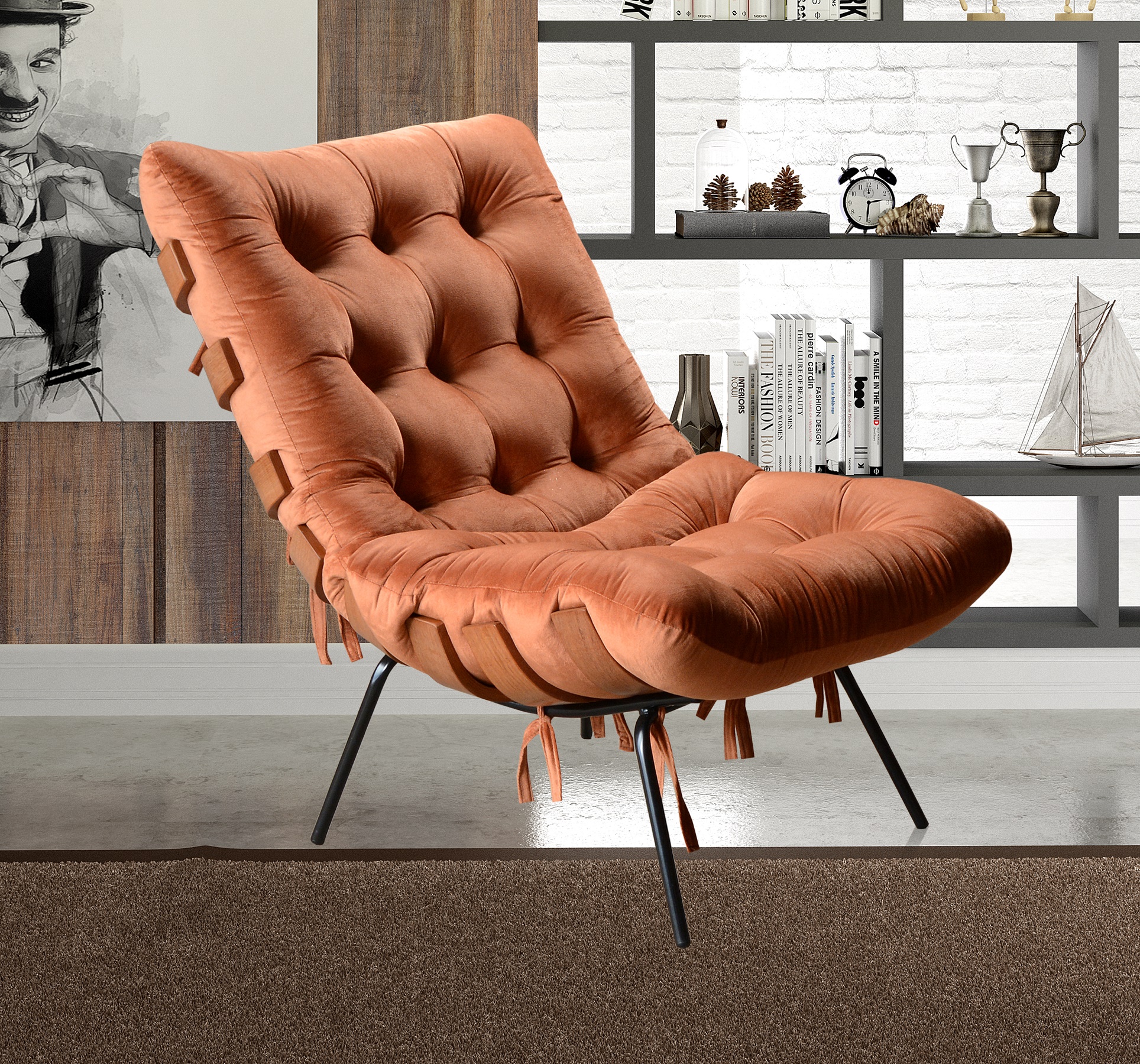 Poltrona Com Puff Costela Base Fixa Veludo Terracota Bella Decor