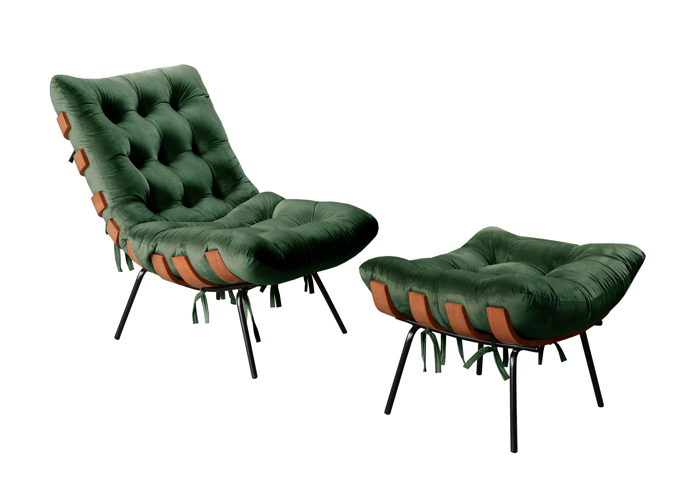 Poltrona Com Puff Costela Base Fixa Veludo Verde Bella Decor