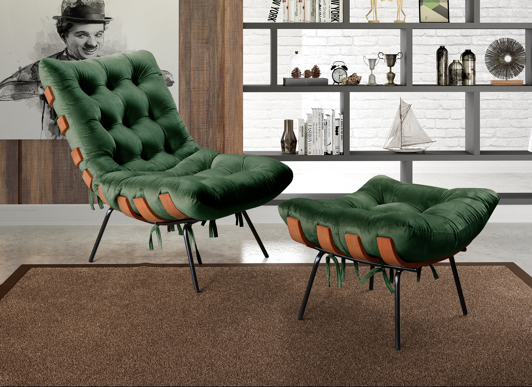 Poltrona Com Puff Costela Base Fixa Veludo Verde Bella Decor