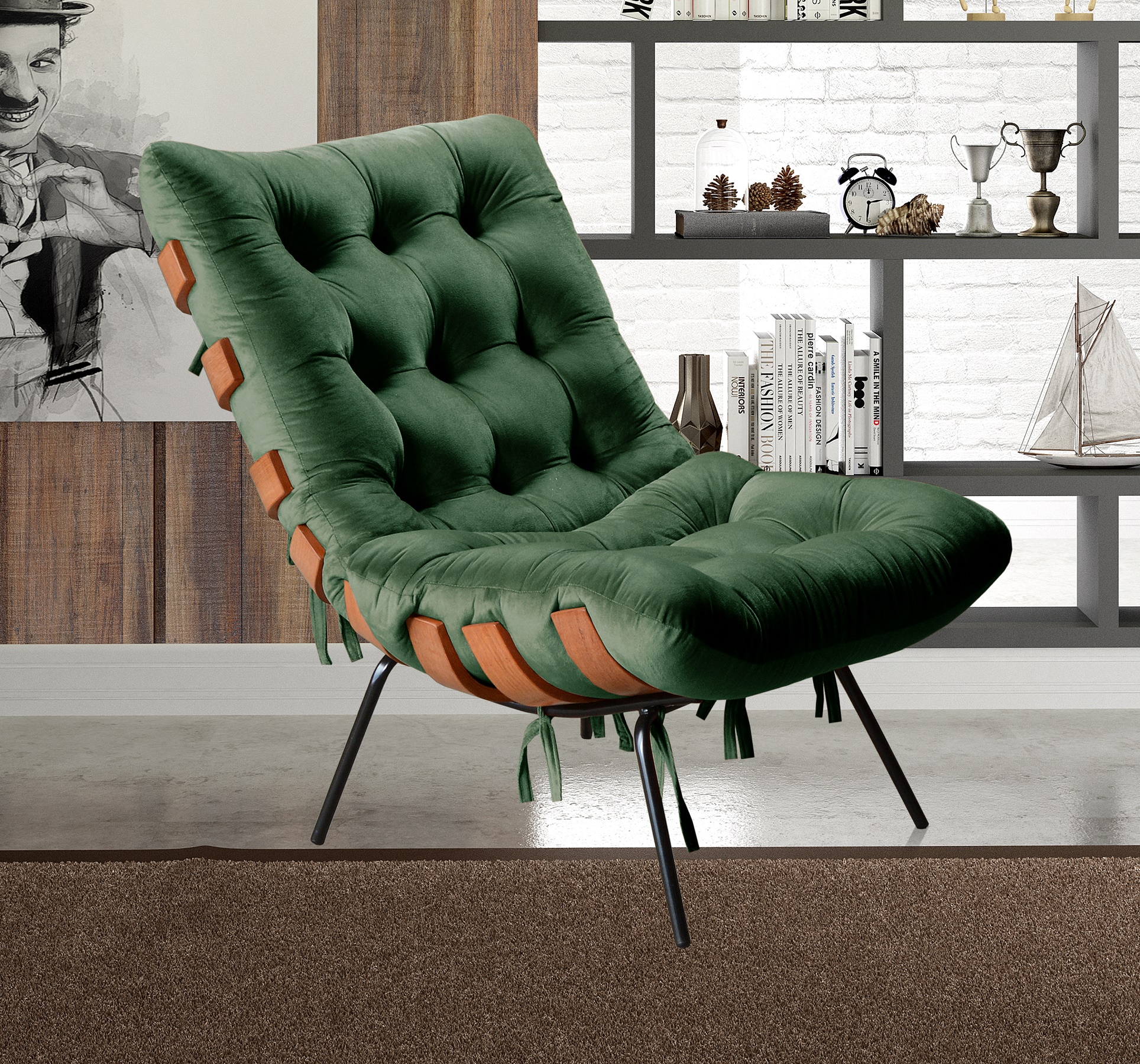 Poltrona Com Puff Costela Base Fixa Veludo Verde Bella Decor