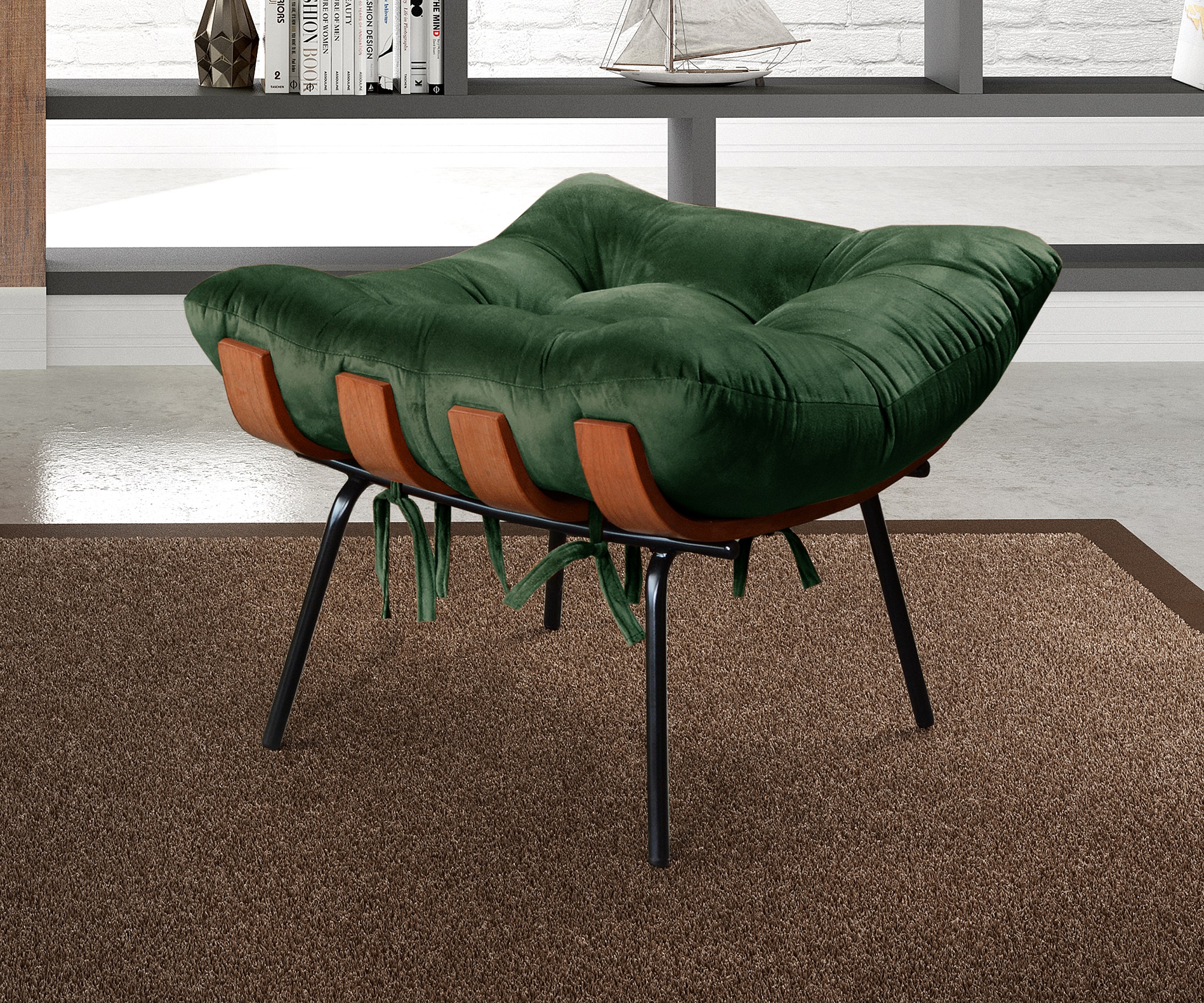 Poltrona Com Puff Costela Base Fixa Veludo Verde Bella Decor