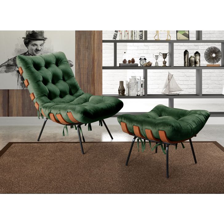 Poltrona Com Puff Costela Base Fixa Veludo Verde Bella Decor