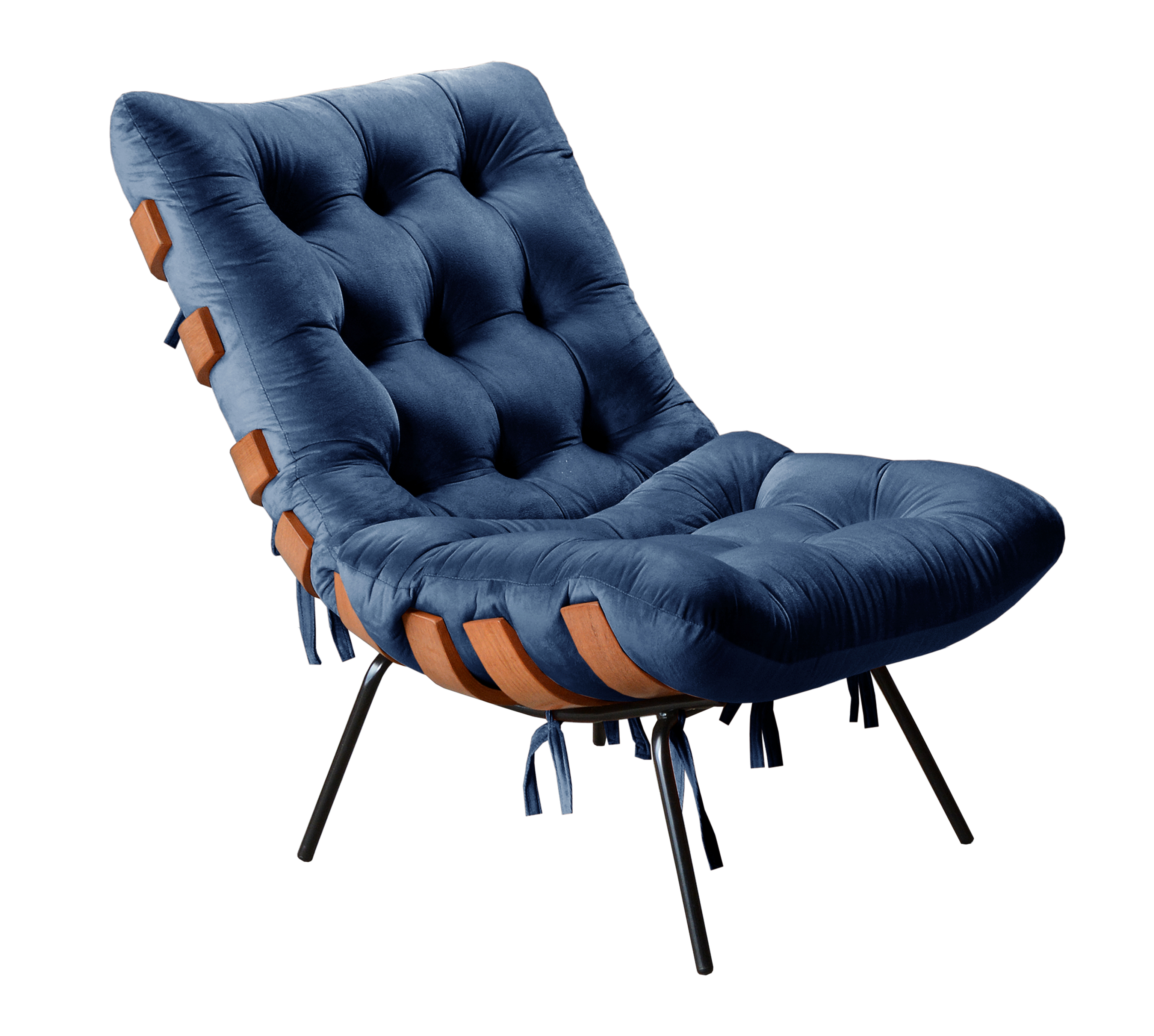 Poltrona Costela Martin Eisler Base Fixa Aço e Madeira - Suede Azul Marinho