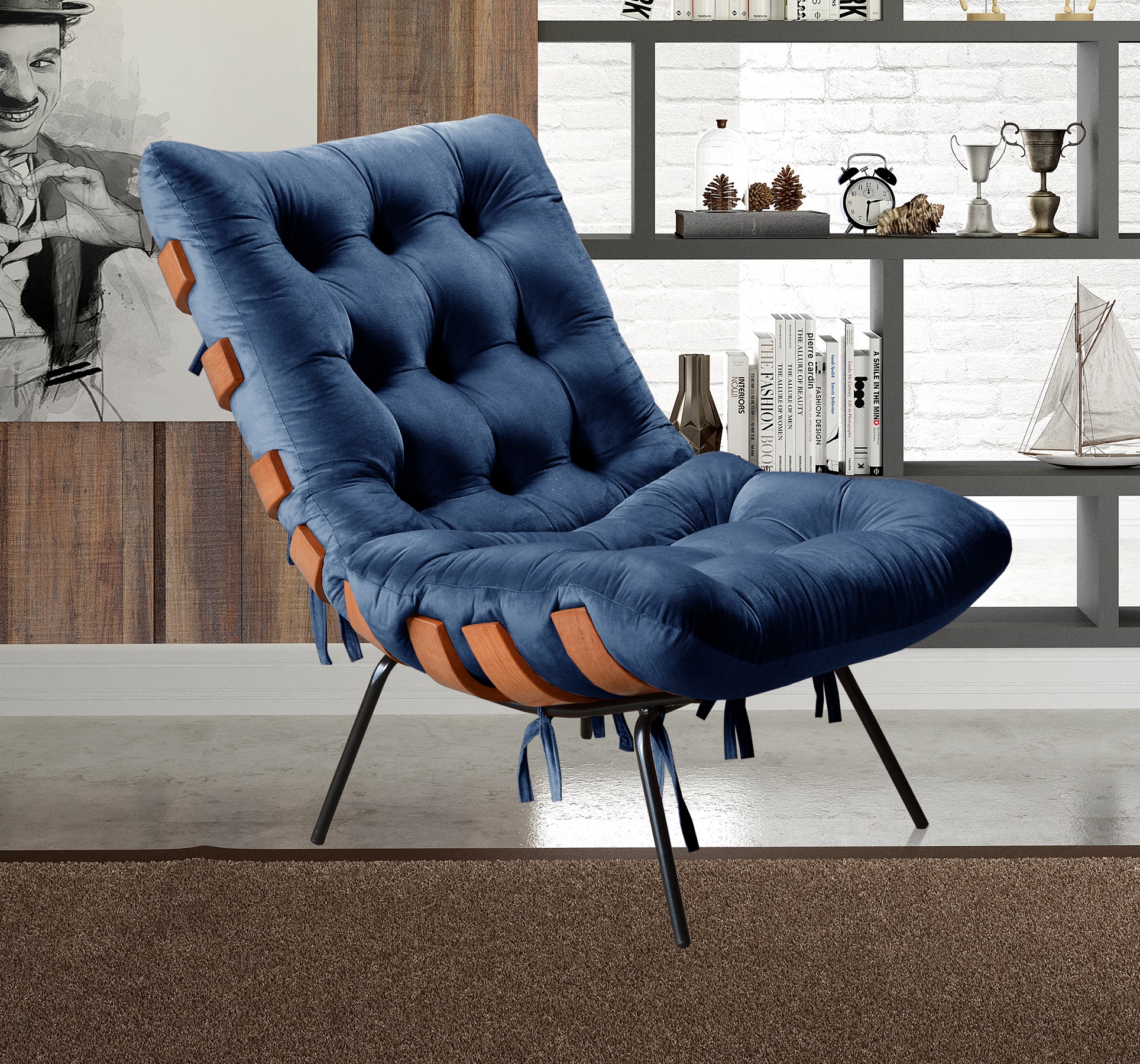 Poltrona Costela Martin Eisler Base Fixa Aço e Madeira - Suede Azul Marinho