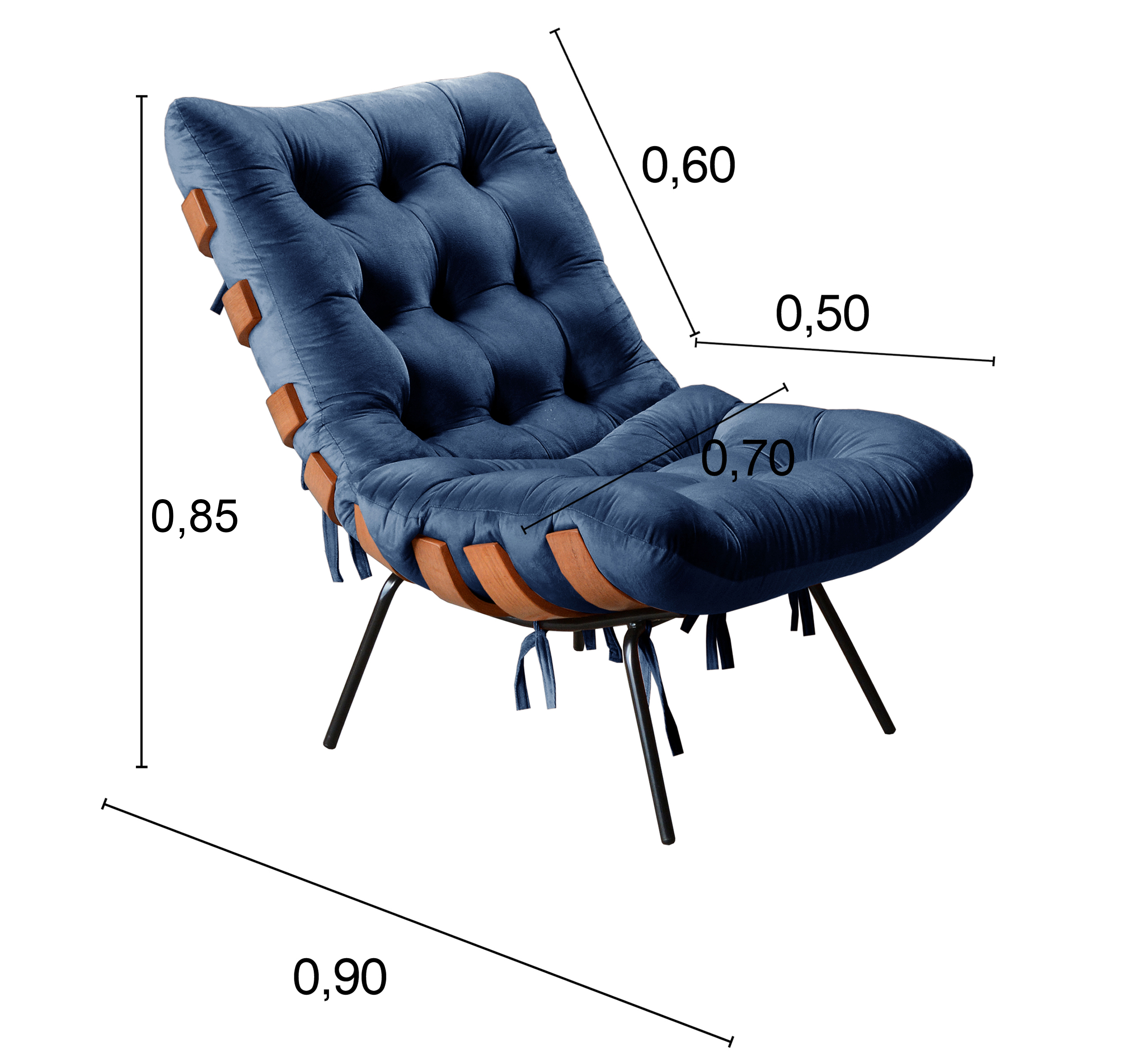 Poltrona Costela Martin Eisler Base Fixa Aço e Madeira - Suede Azul Marinho