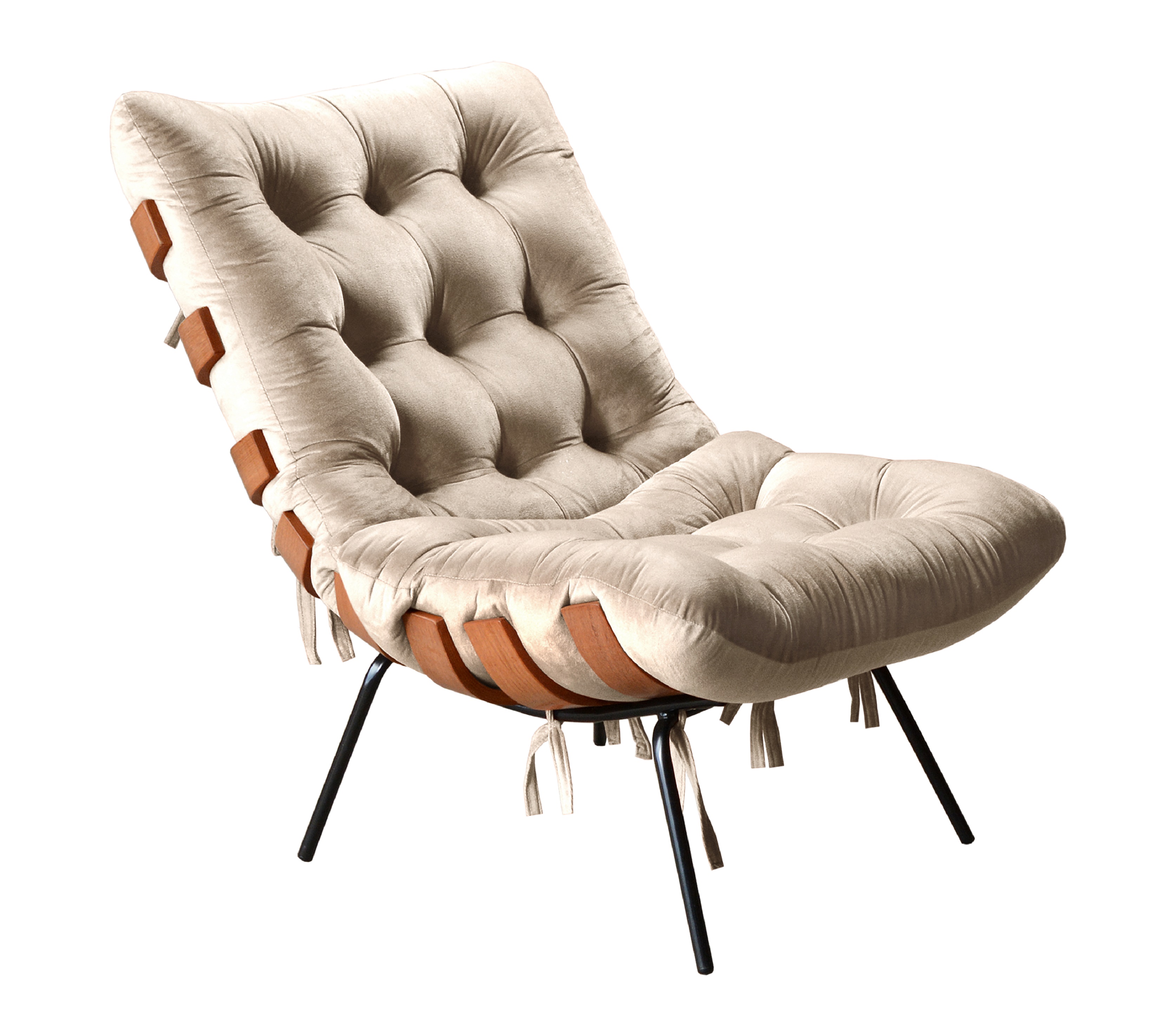 Poltrona Costela Martin Eisler Base Fixa Aço e Madeira - Suede Bege