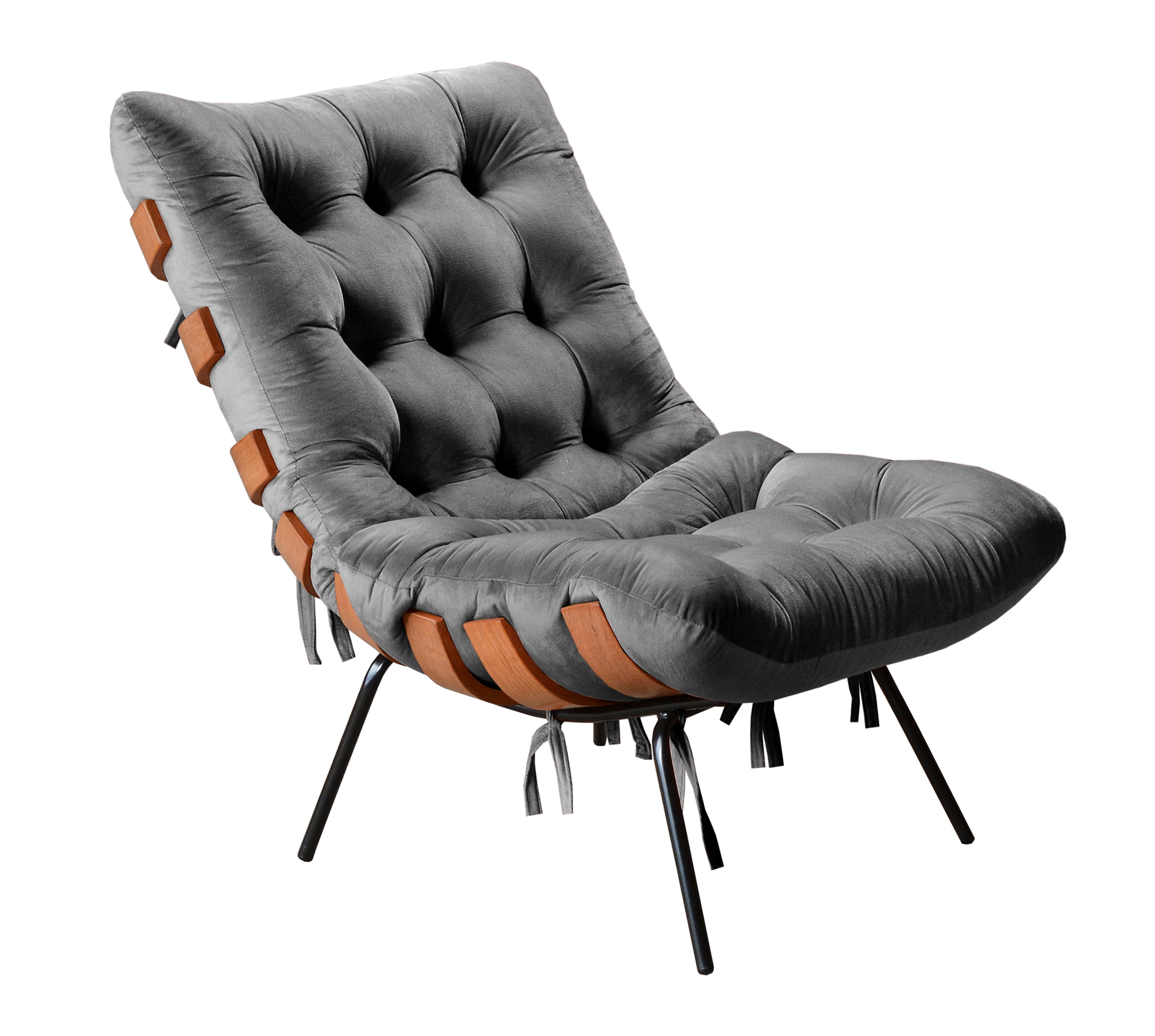 Poltrona Costela Martin Eisler Base Fixa Aço e Madeira - Suede Cinza Grafite