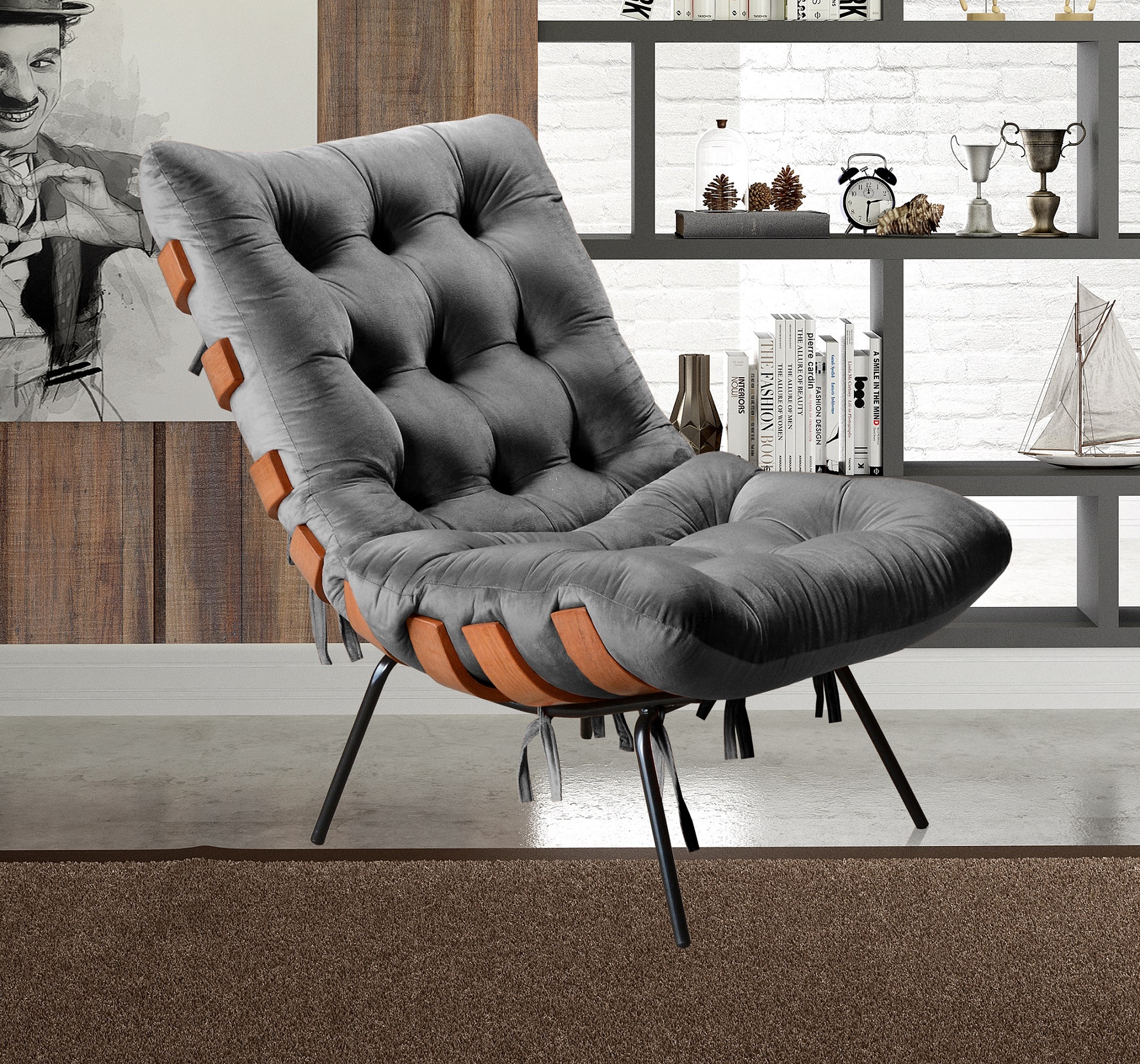 Poltrona Costela Martin Eisler Base Fixa Aço e Madeira - Suede Cinza Grafite