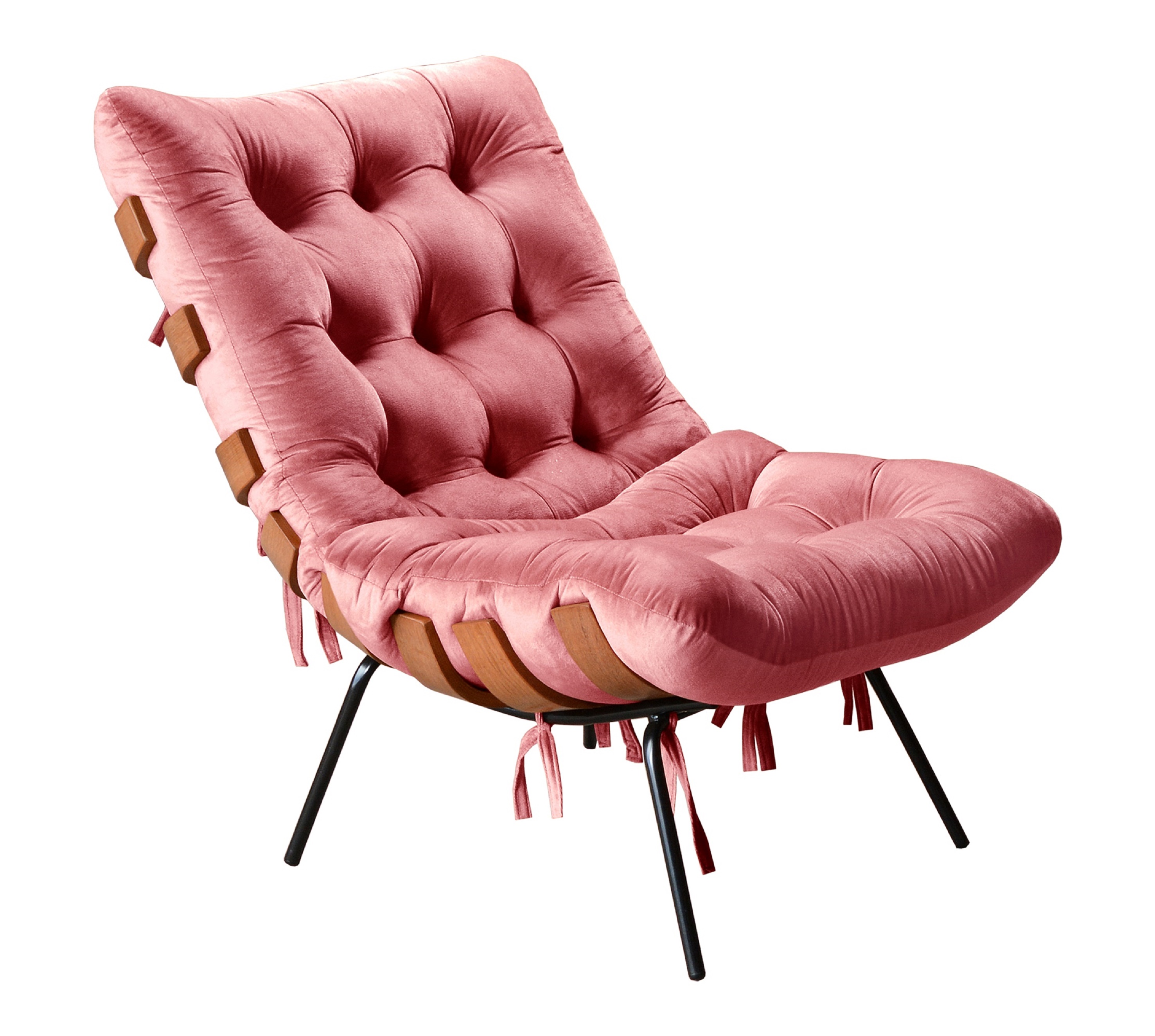 Poltrona Costela Martin Eisler Base Fixa Aço e Madeira - Suede Rosa