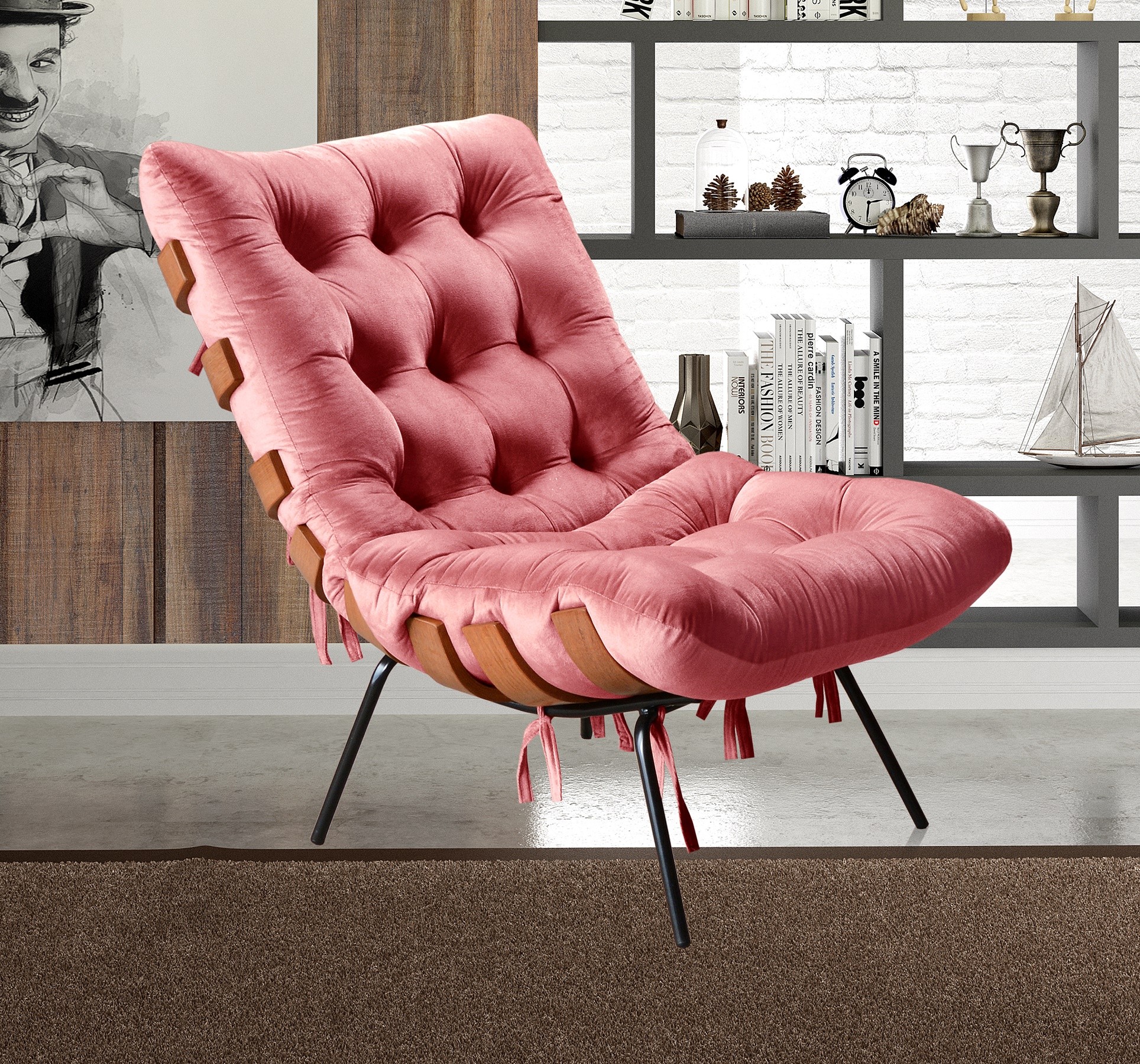 Poltrona Costela Martin Eisler Base Fixa Aço e Madeira - Suede Rosa