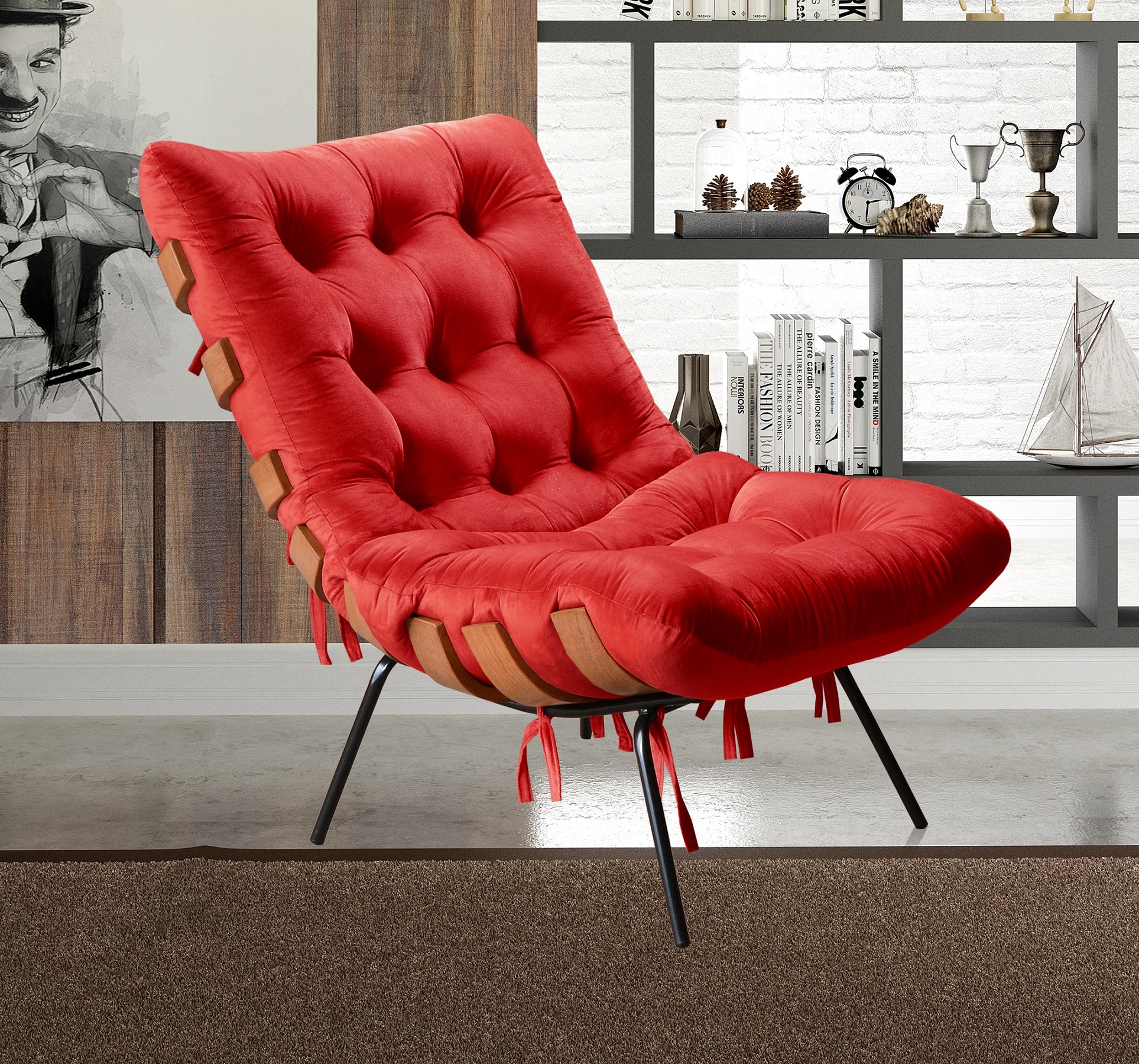 Poltrona Costela Martin Eisler Base Fixa Aço e Madeira - Suede Vermelho
