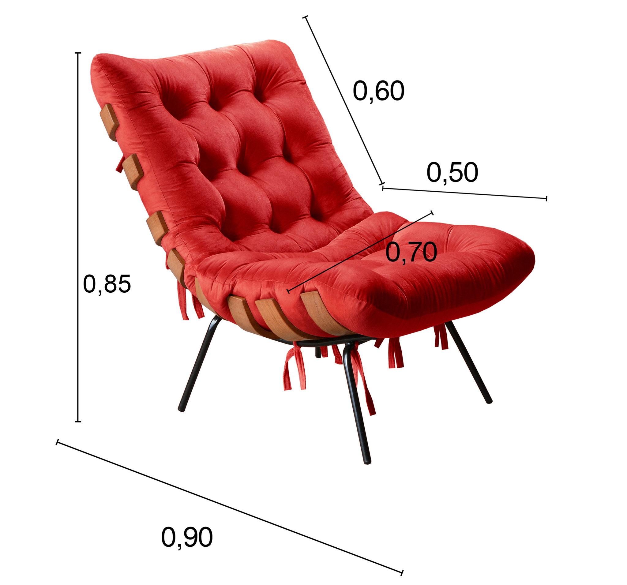 Poltrona Costela Martin Eisler Base Fixa Aço e Madeira - Suede Vermelho