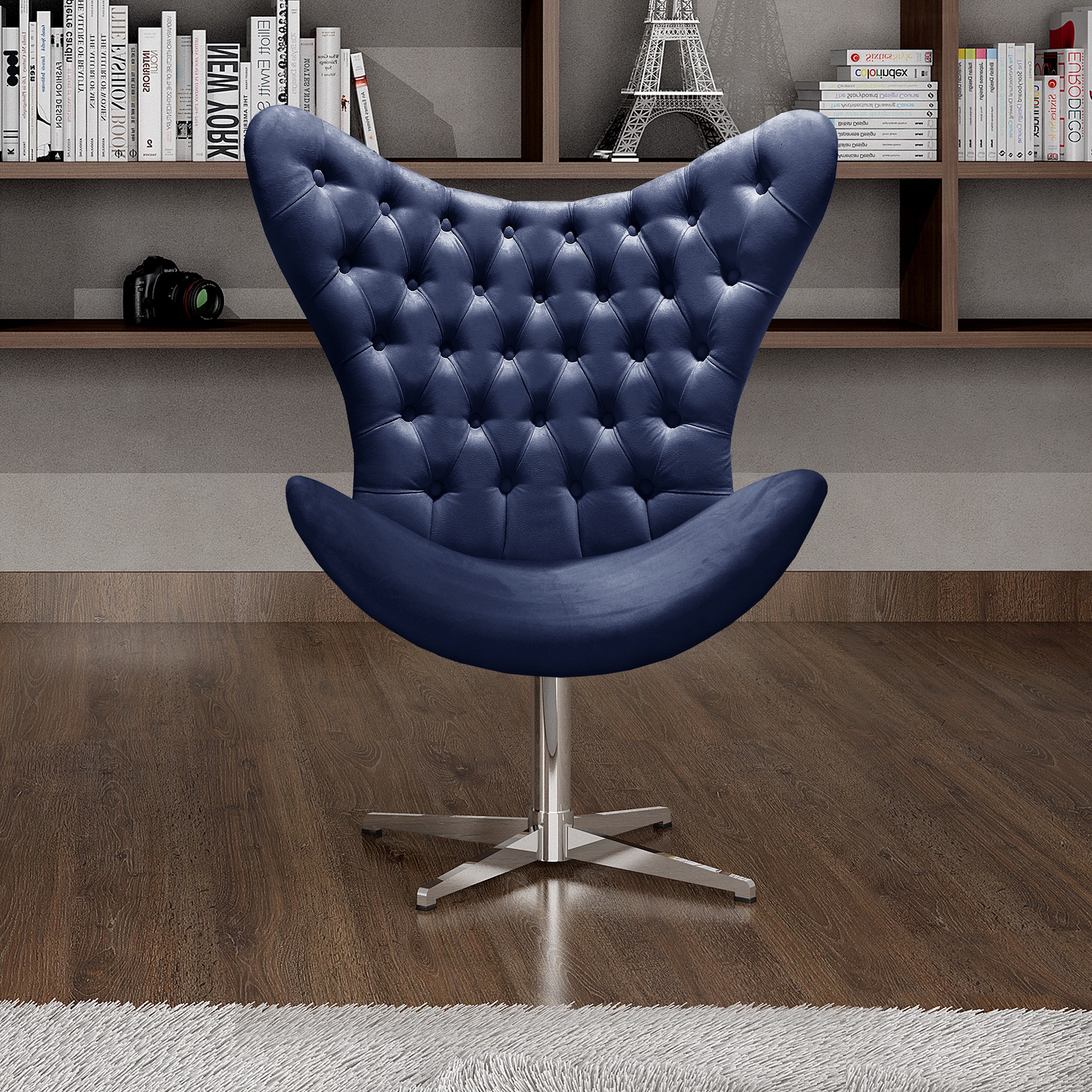 Poltrona Decorativa Alice Egg Com Capitonê Pé Giratório Alumínio - Suede Azul Marinho