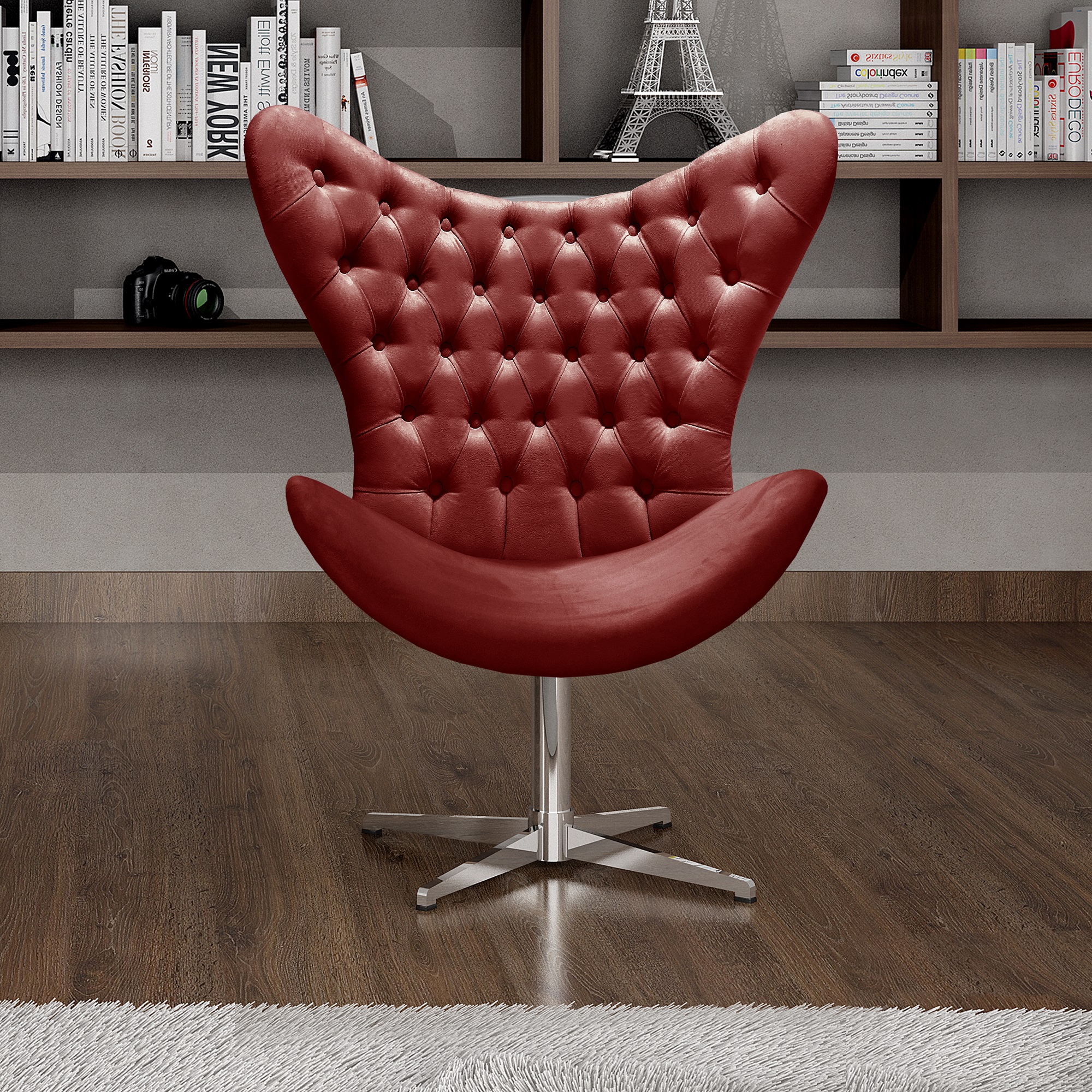 Poltrona Decorativa Alice Egg Com Capitonê Pé Giratório Alumínio - Suede Bordô