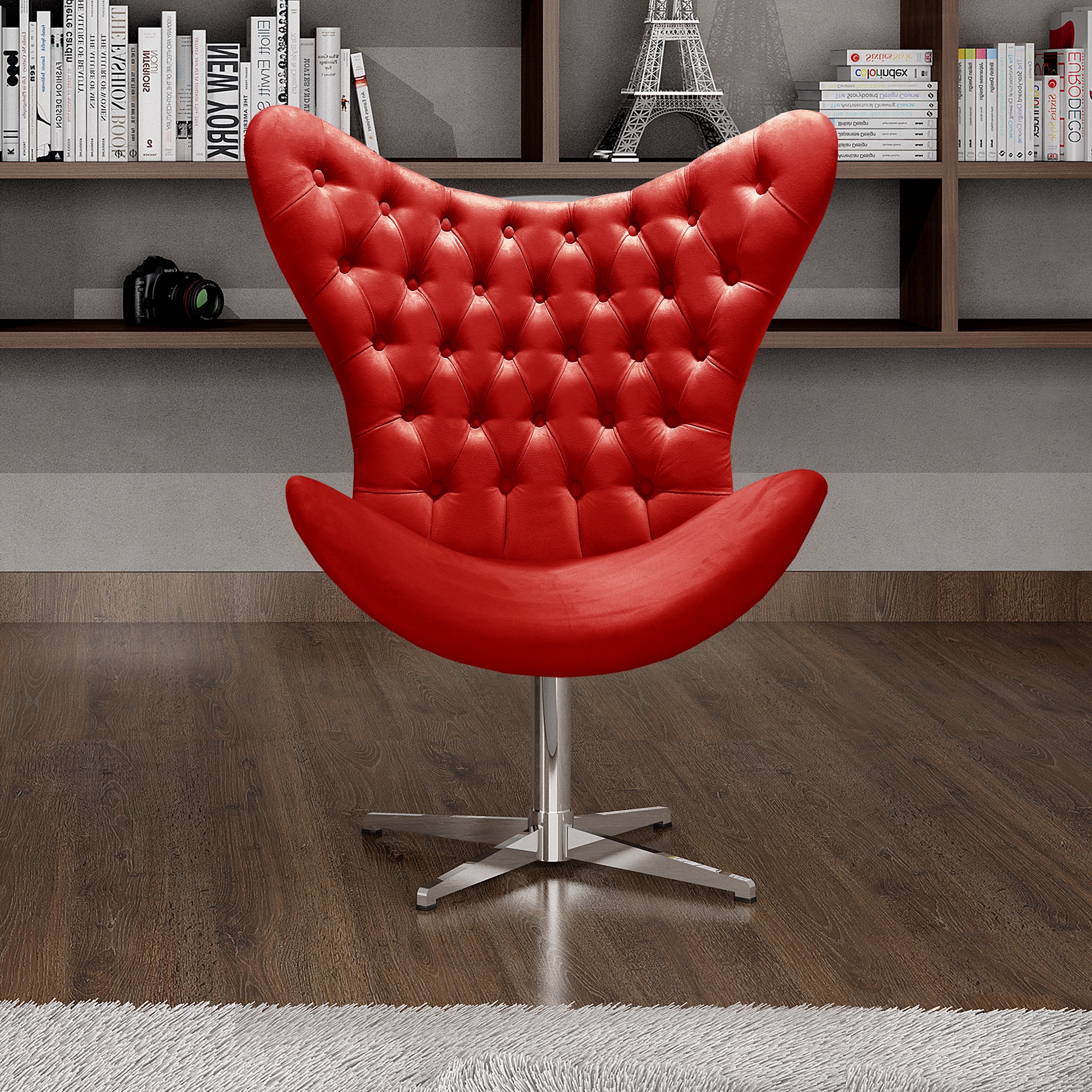 Poltrona Decorativa Alice Egg Com Capitonê Pé Giratório Alumínio - Suede Vermelho
