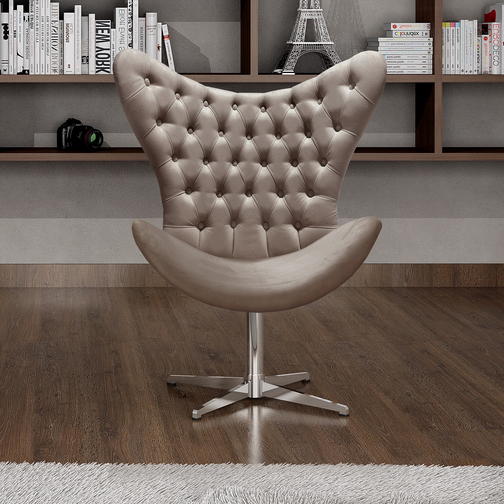 Poltrona Decorativa Alice Egg Com Capitonê Pé Giratório Alumínio - Veludo Capuccino