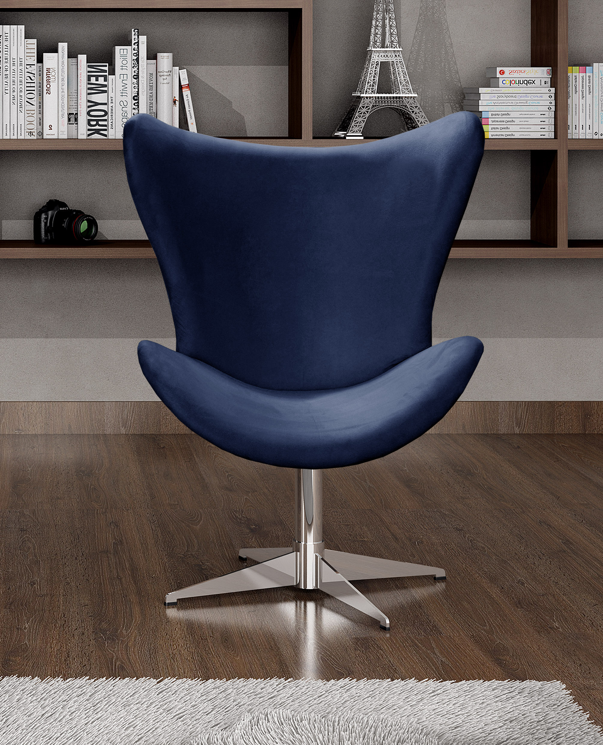 Poltrona Decorativa Alice Egg Lisa Base Giratória De Alumínio - Suede Azul Marinho