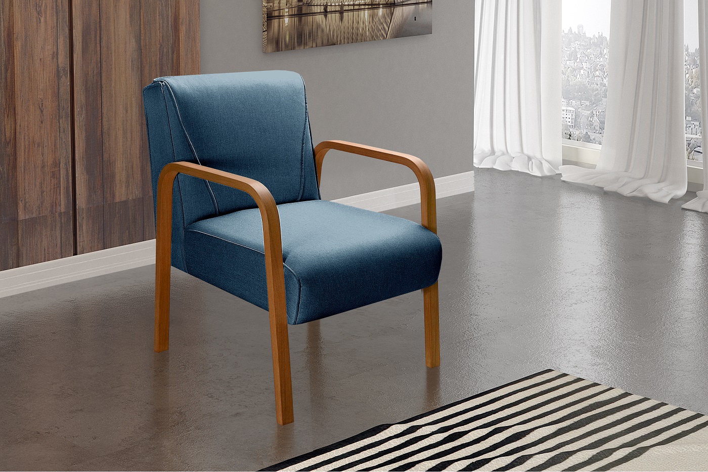 Poltrona Decorativa Anita Braço Madeira - Linho Azul