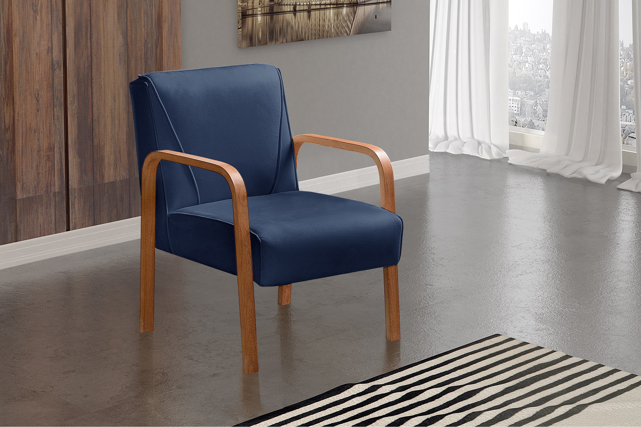 Poltrona Decorativa Anita Braço Madeira - Suede Azul Marinho