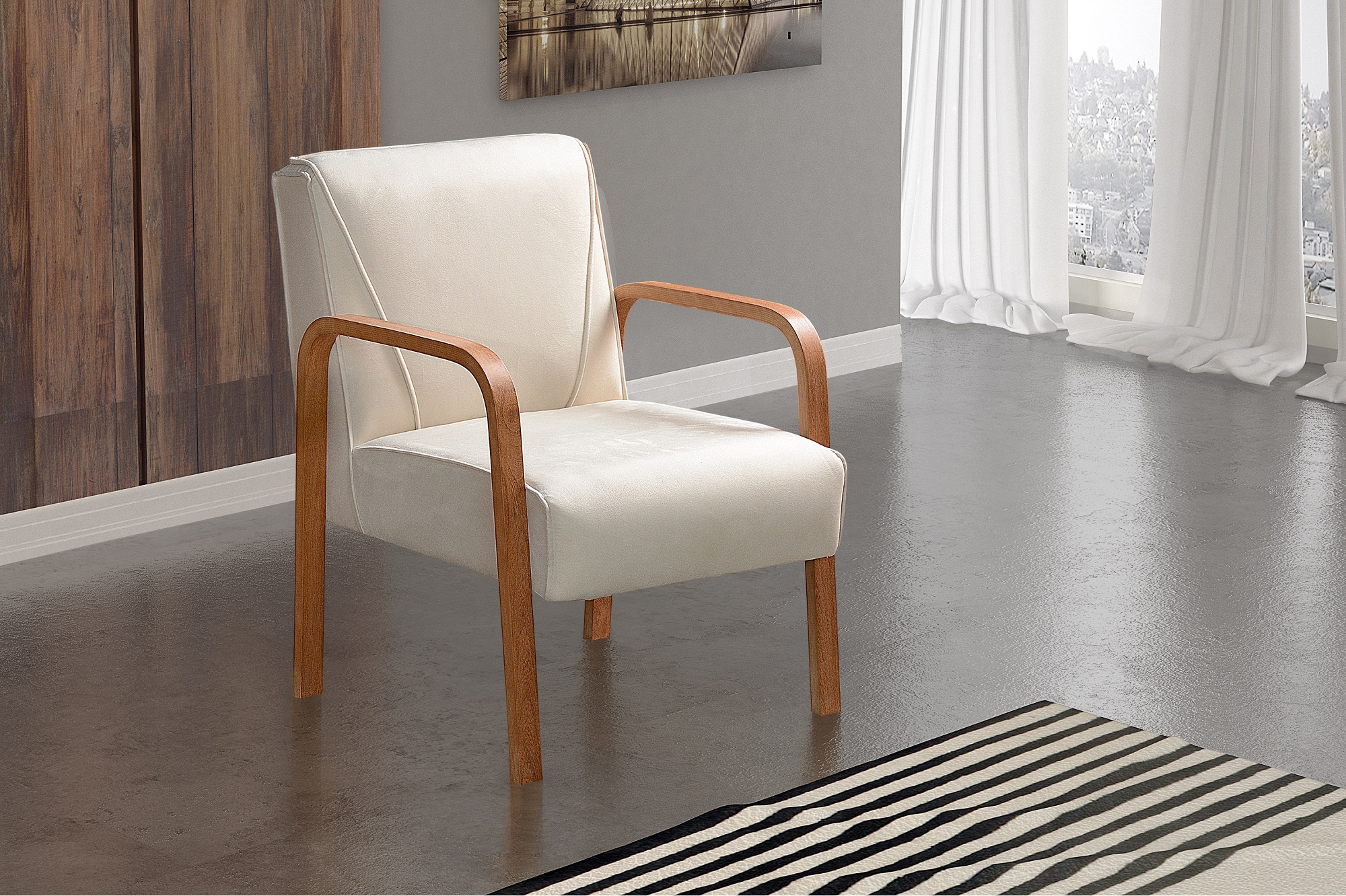 Poltrona Decorativa Anita Braço Madeira - Suede Bege Claro