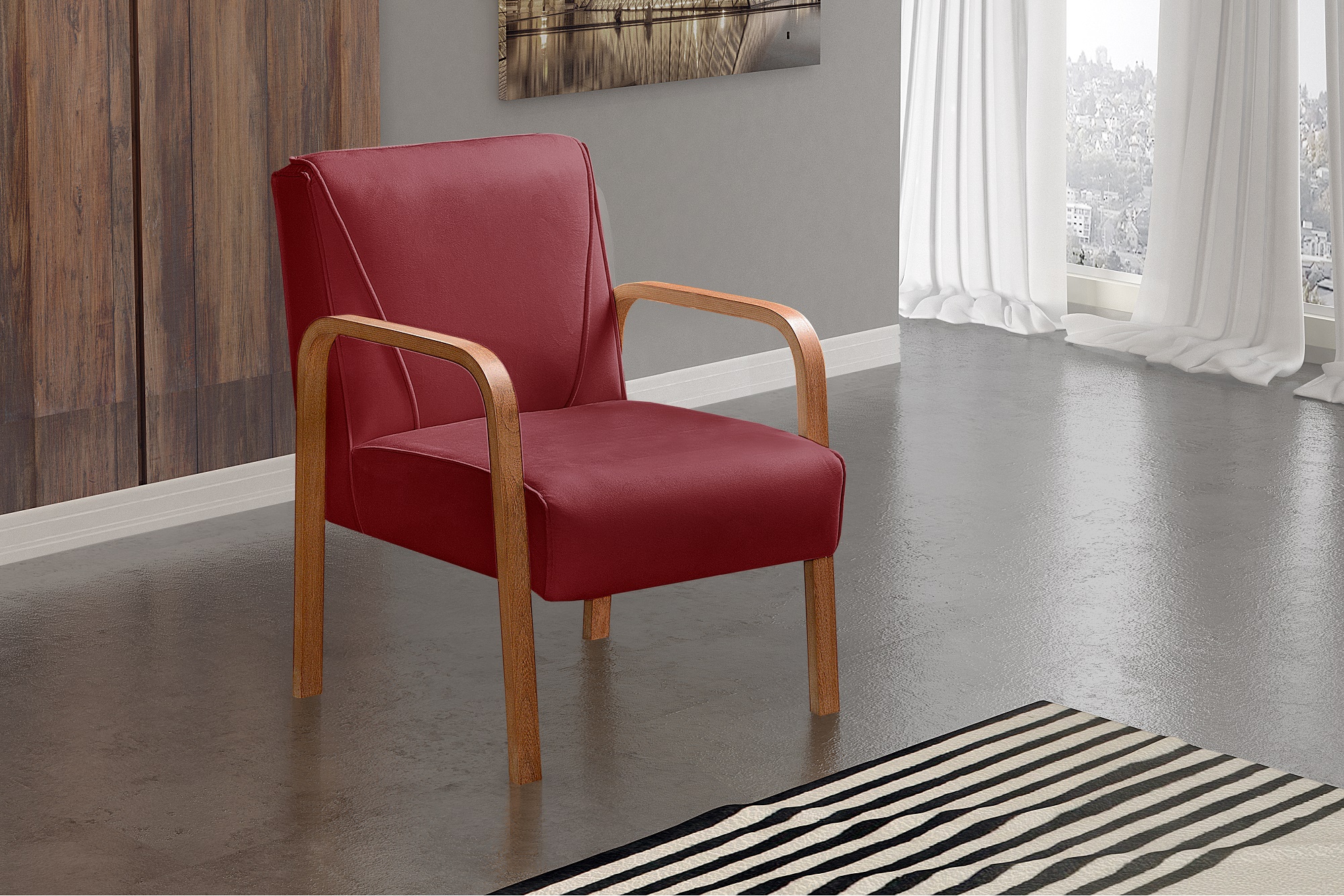 Poltrona Decorativa Anita Braço Madeira - Suede Bordô