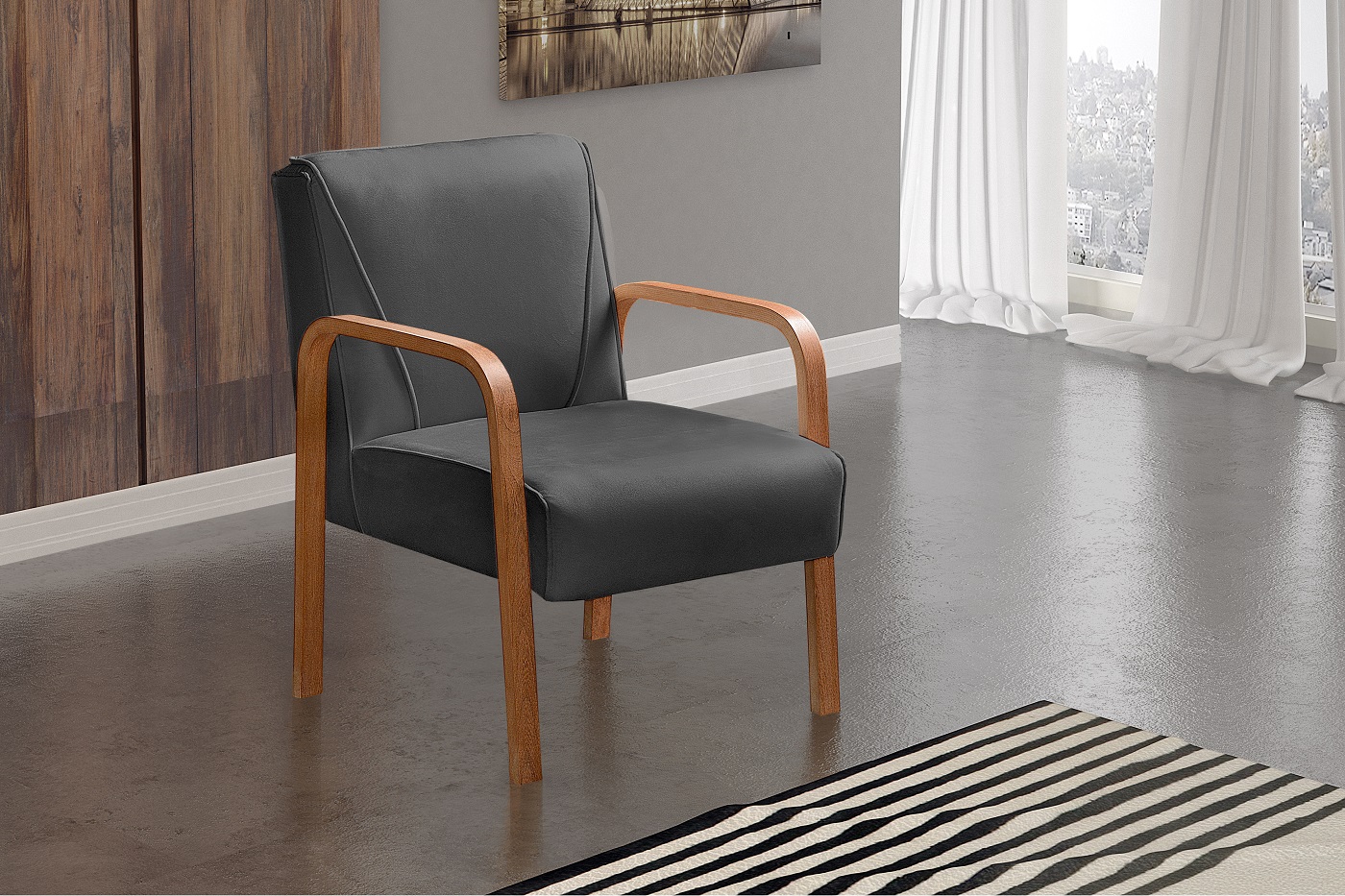 Poltrona Decorativa Anita Braço Madeira - Suede Cinza Grafite