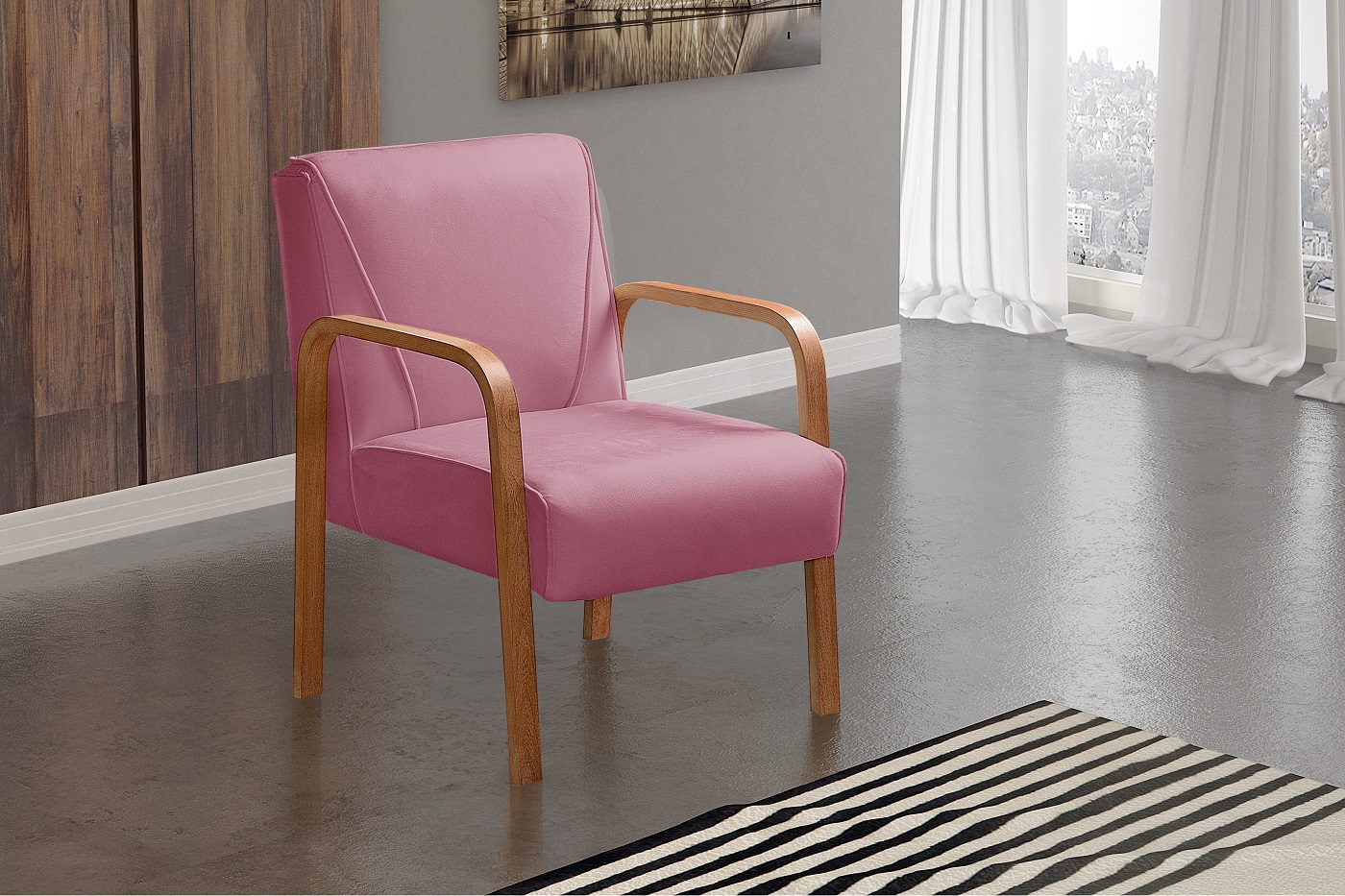Poltrona Decorativa Anita Braço Madeira - Suede Rosa