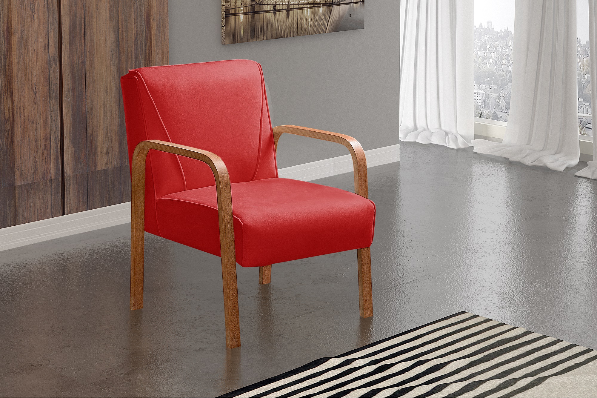 Poltrona Decorativa Anita Braço Madeira - Suede Vermelho