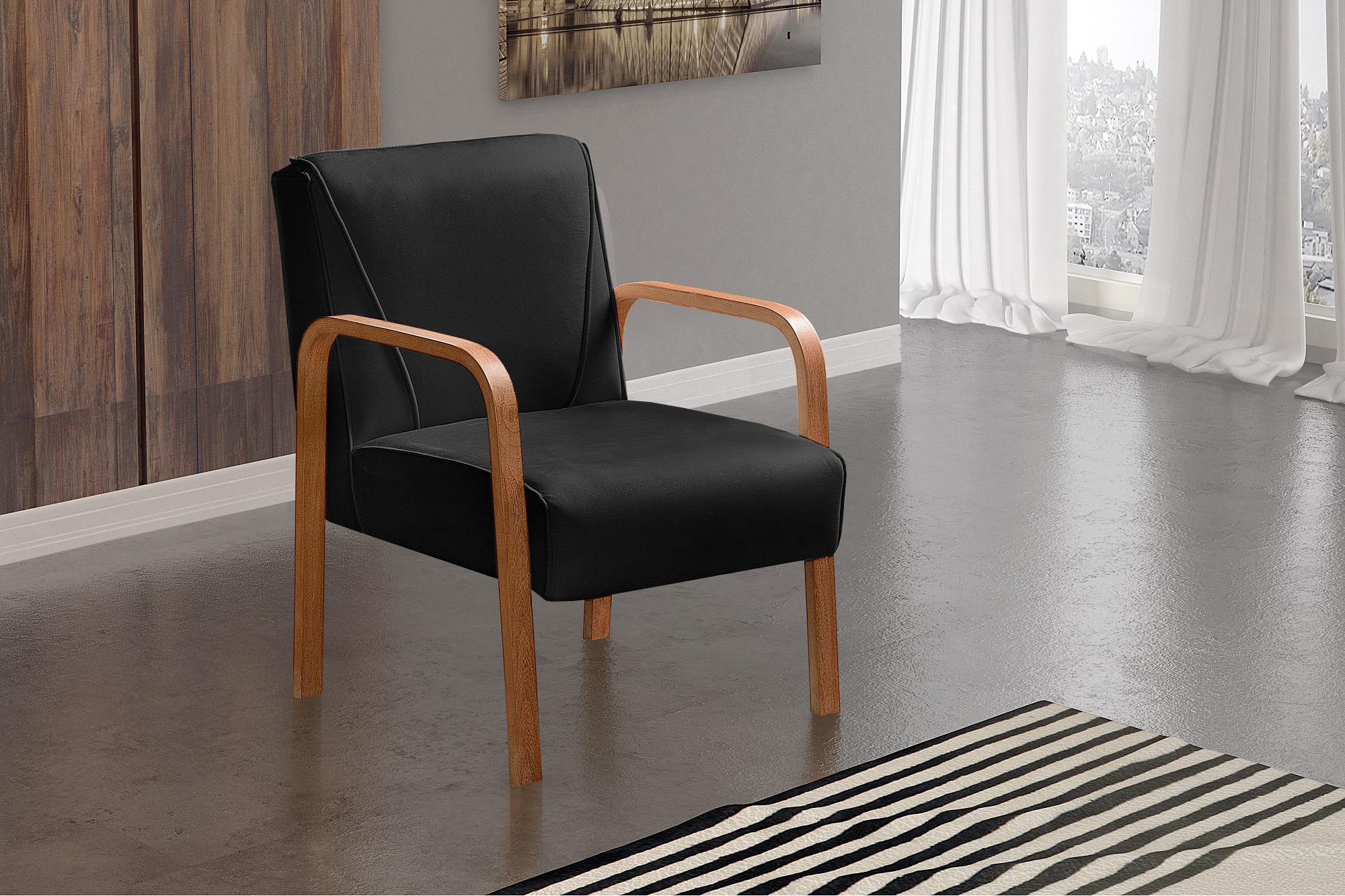 Poltrona Decorativa Anita Braço Madeira - Veludo Preto