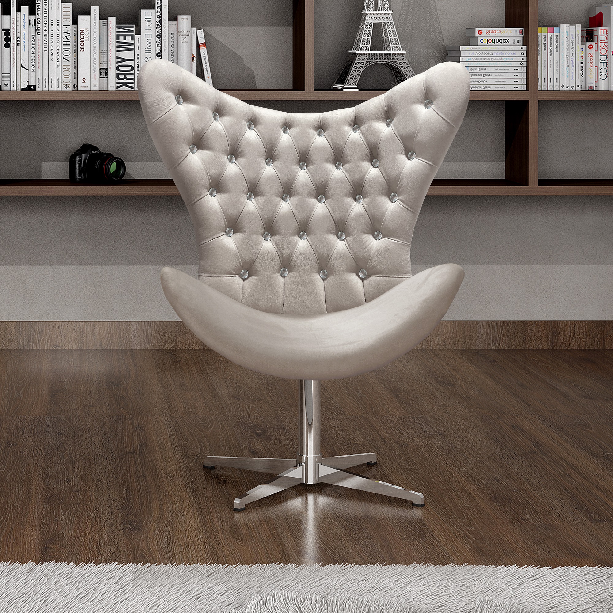 Poltrona Decorativa Egg Capitonê Com Strass Pé Giratório Alumínio - Suede Bege Claro