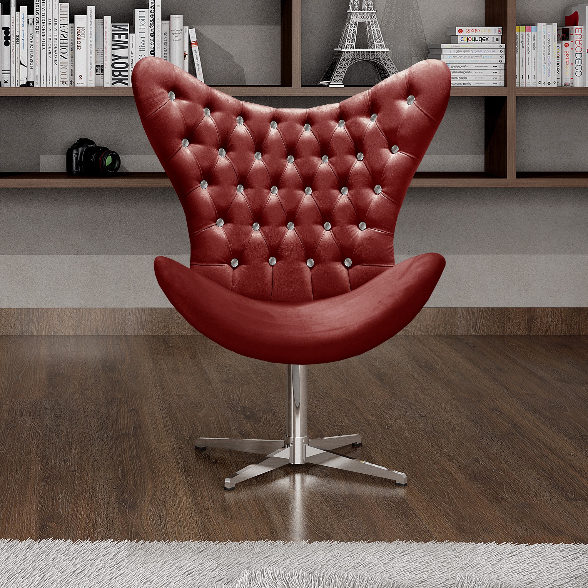 Poltrona Decorativa Egg Capitonê Com Strass Pé Giratório Alumínio - Suede Bordô