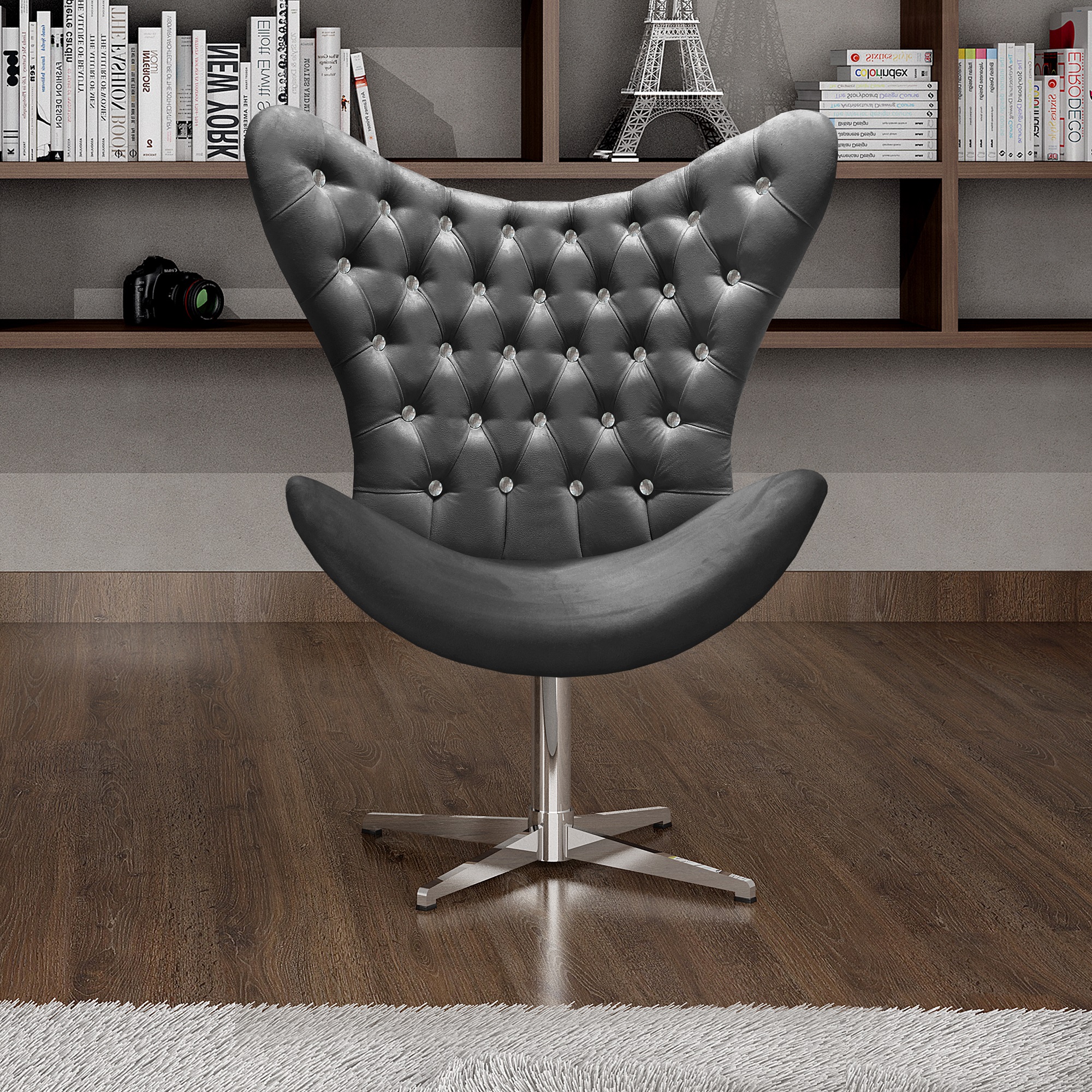 Poltrona Decorativa Egg Capitonê Com Strass Pé Giratório Alumínio - Suede Cinza Grafite