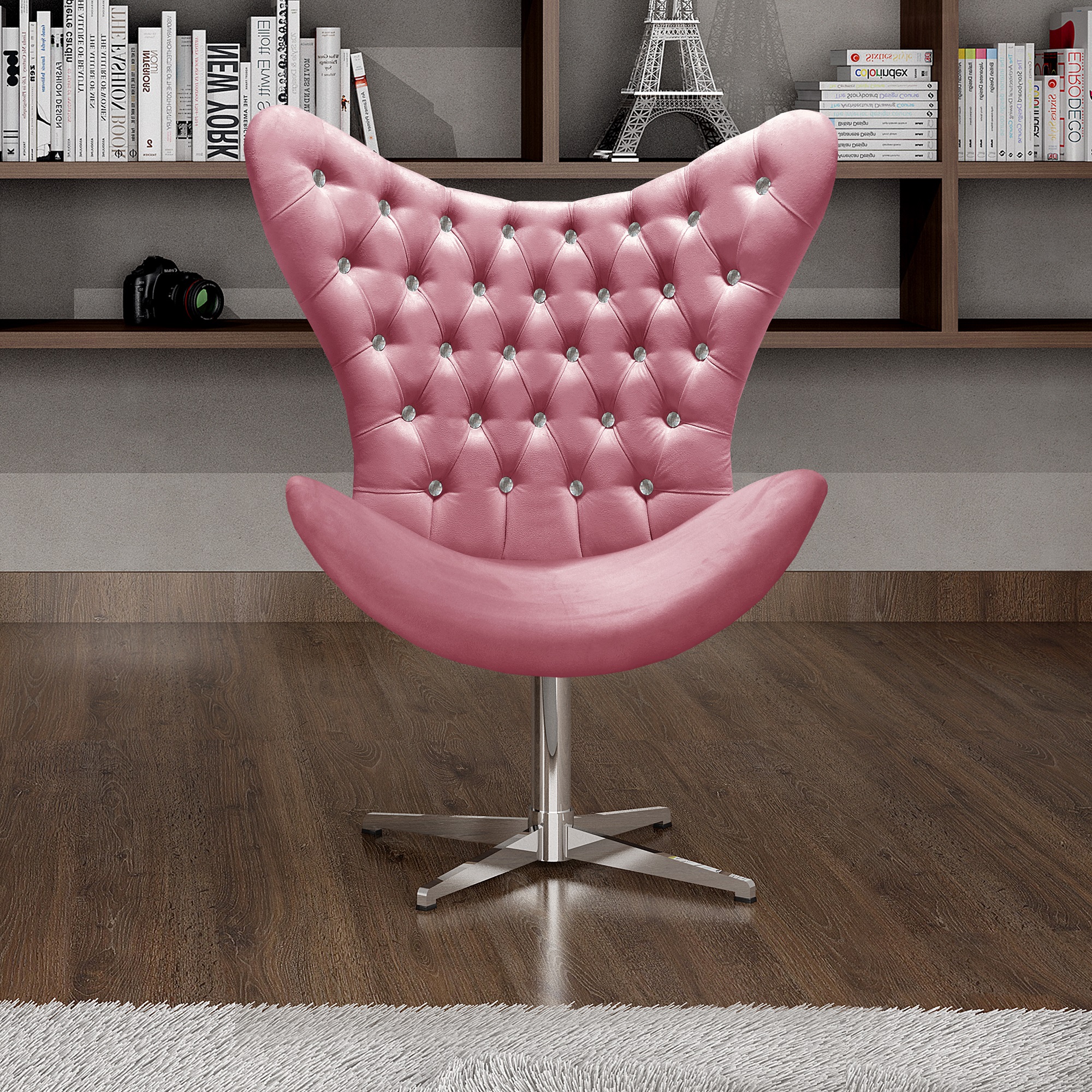 Poltrona Decorativa Egg Capitonê Com Strass Pé Giratório Alumínio - Suede Rosa