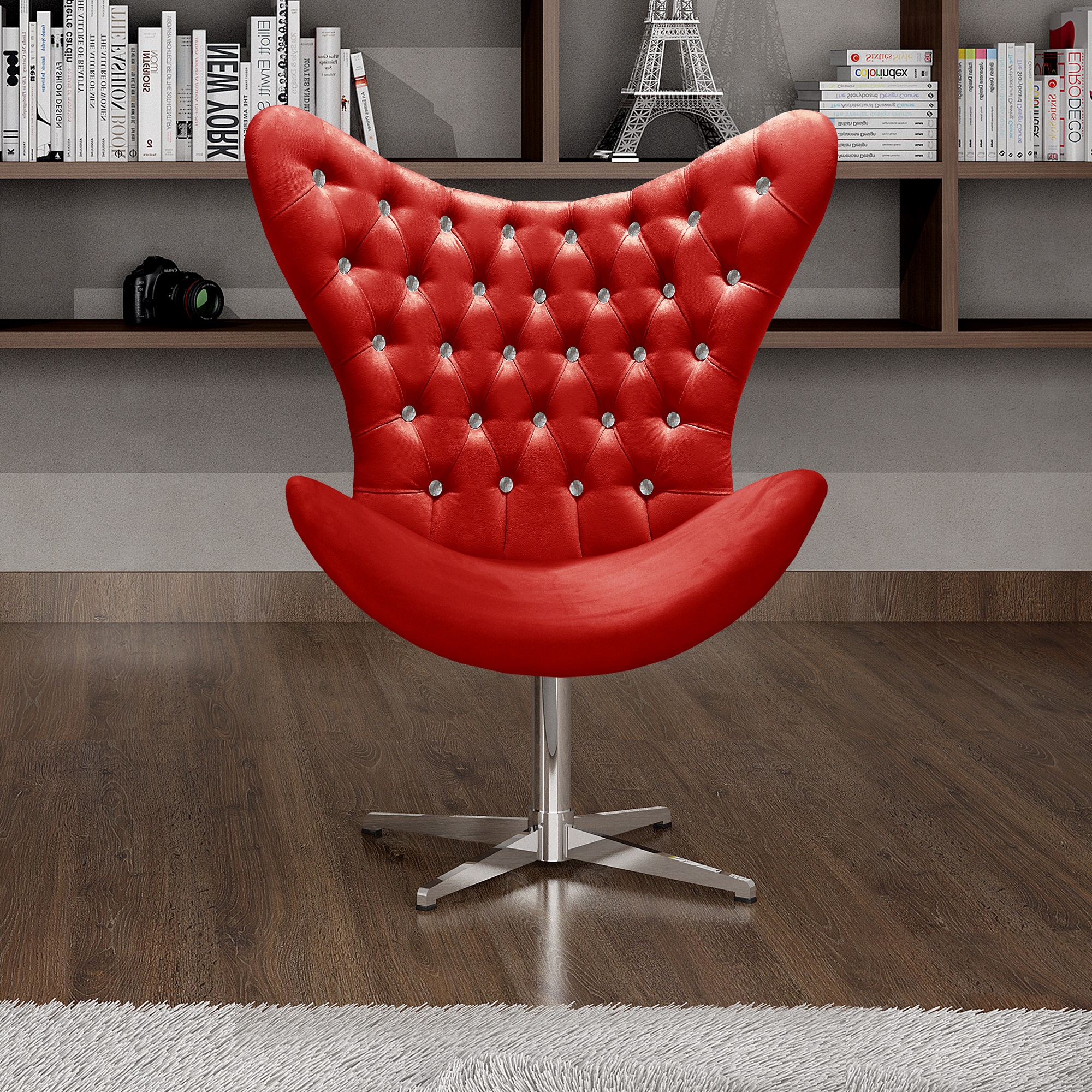 Poltrona Decorativa Egg Capitonê Com Strass Pé Giratório Alumínio - Suede Vermelho