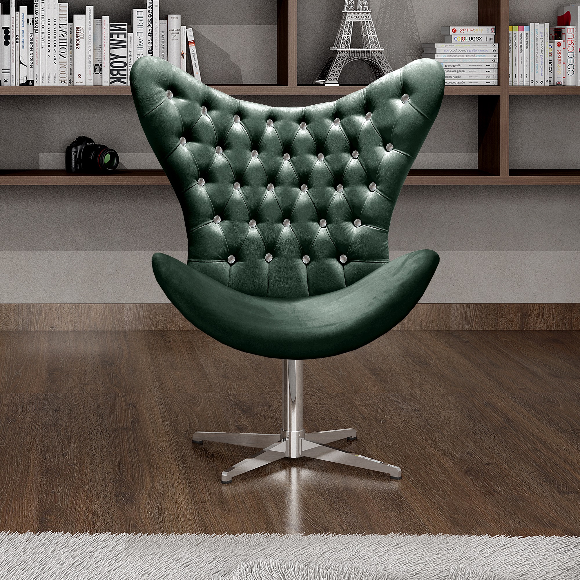 Poltrona Decorativa Egg Capitonê Com Strass Pé Giratório Alumínio - Veludo Verde