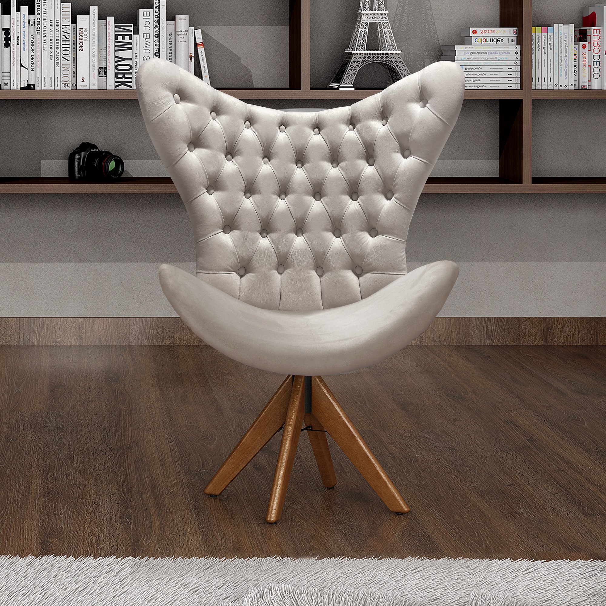 Poltrona Decorativa Egg Com Capitonê Pé Giratório Madeira - Suede Bege