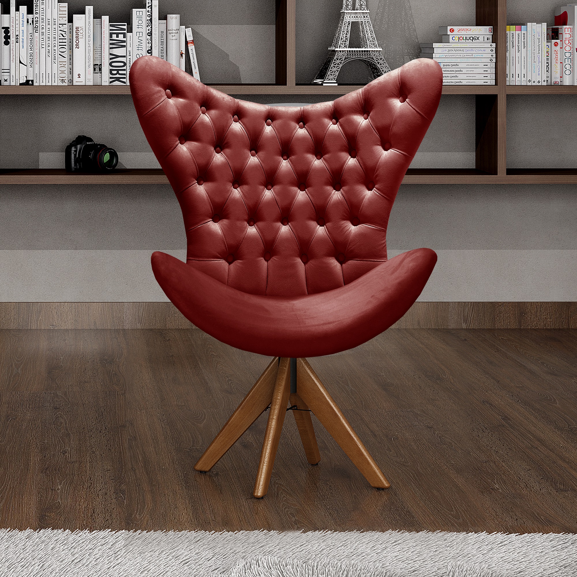 Poltrona Decorativa Egg Com Capitonê Pé Giratório Madeira - Suede Bordô