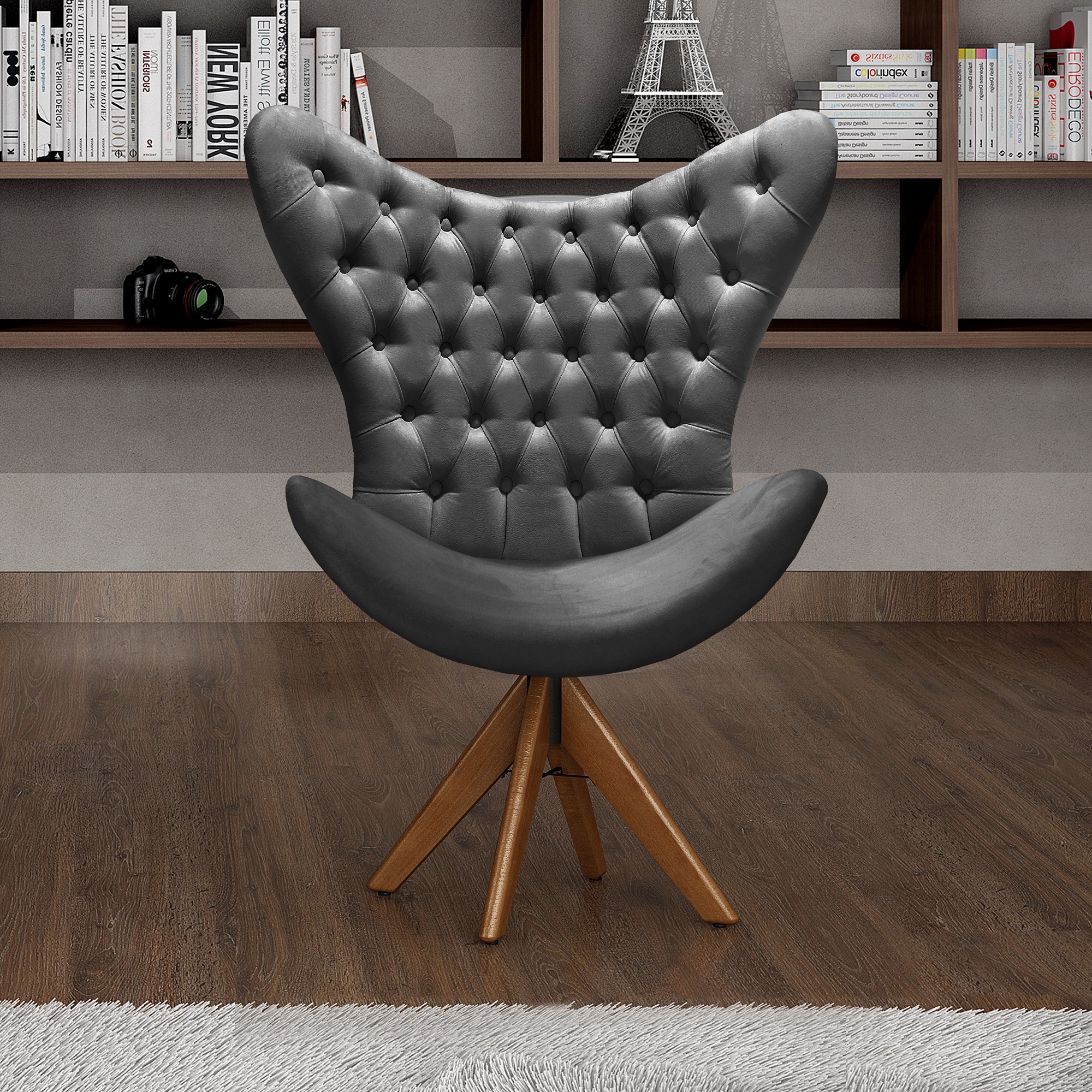 Poltrona Decorativa Egg Com Capitonê Pé Giratório Madeira - Suede Cinza Grafite