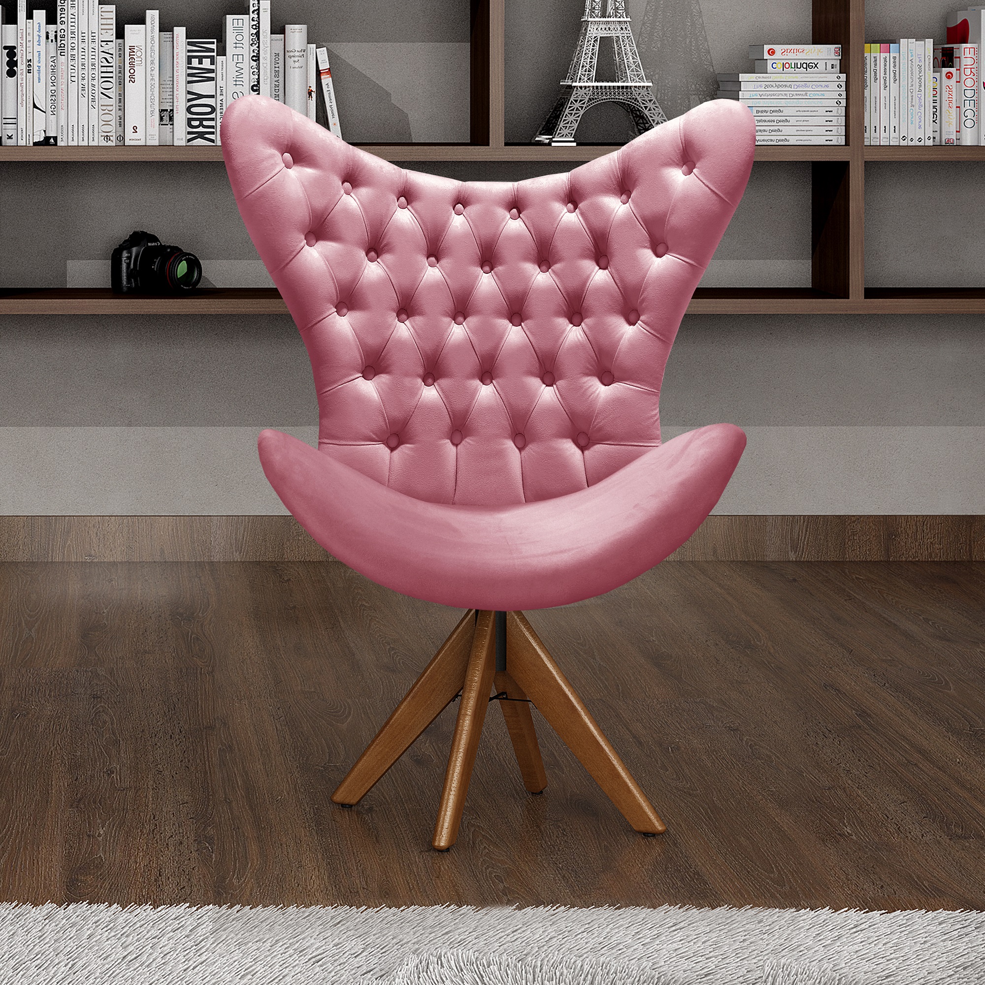 Poltrona Decorativa Egg Com Capitonê Pé Giratório Madeira - Suede Rosa