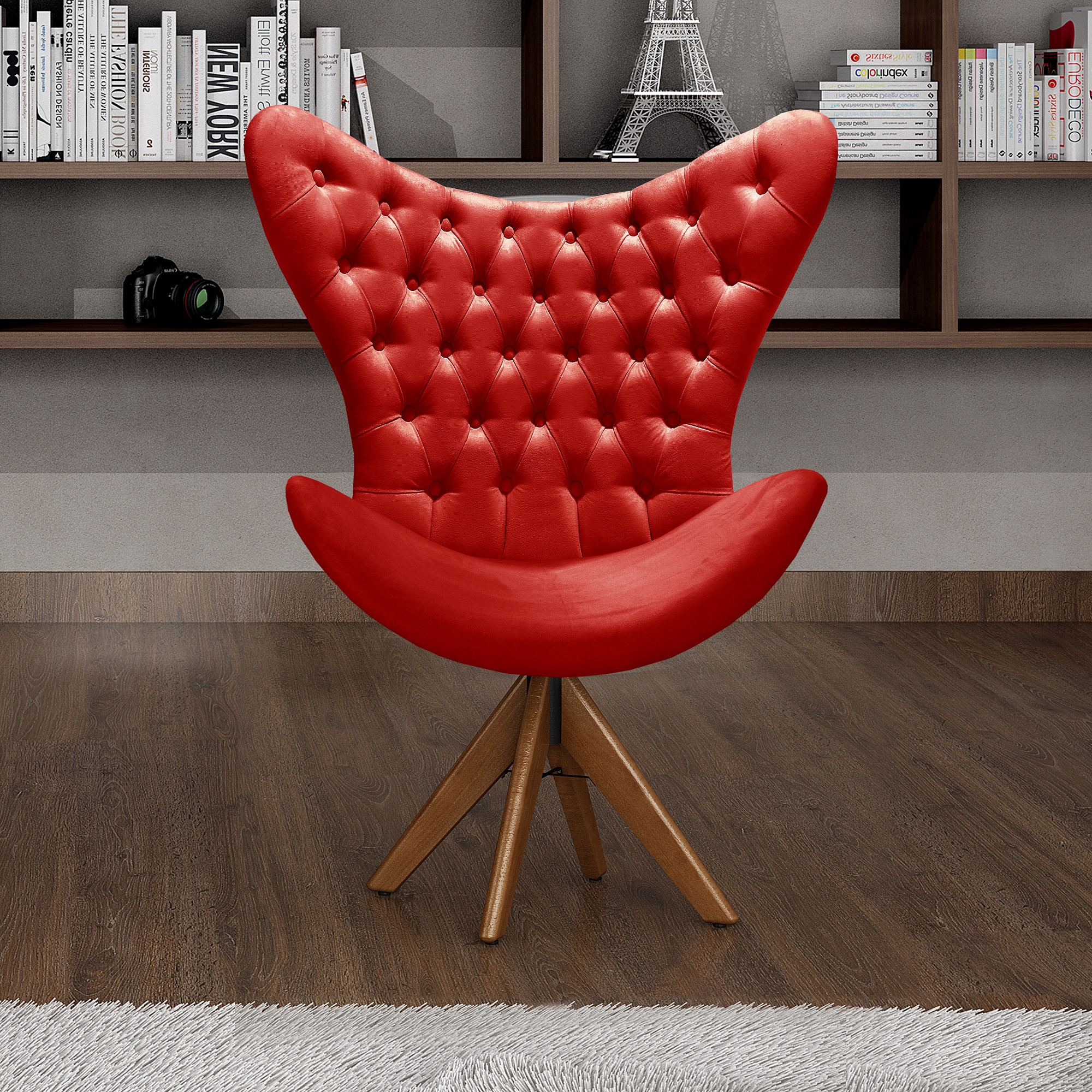 Poltrona Decorativa Egg Com Capitonê Pé Giratório Madeira - Suede Vermelho