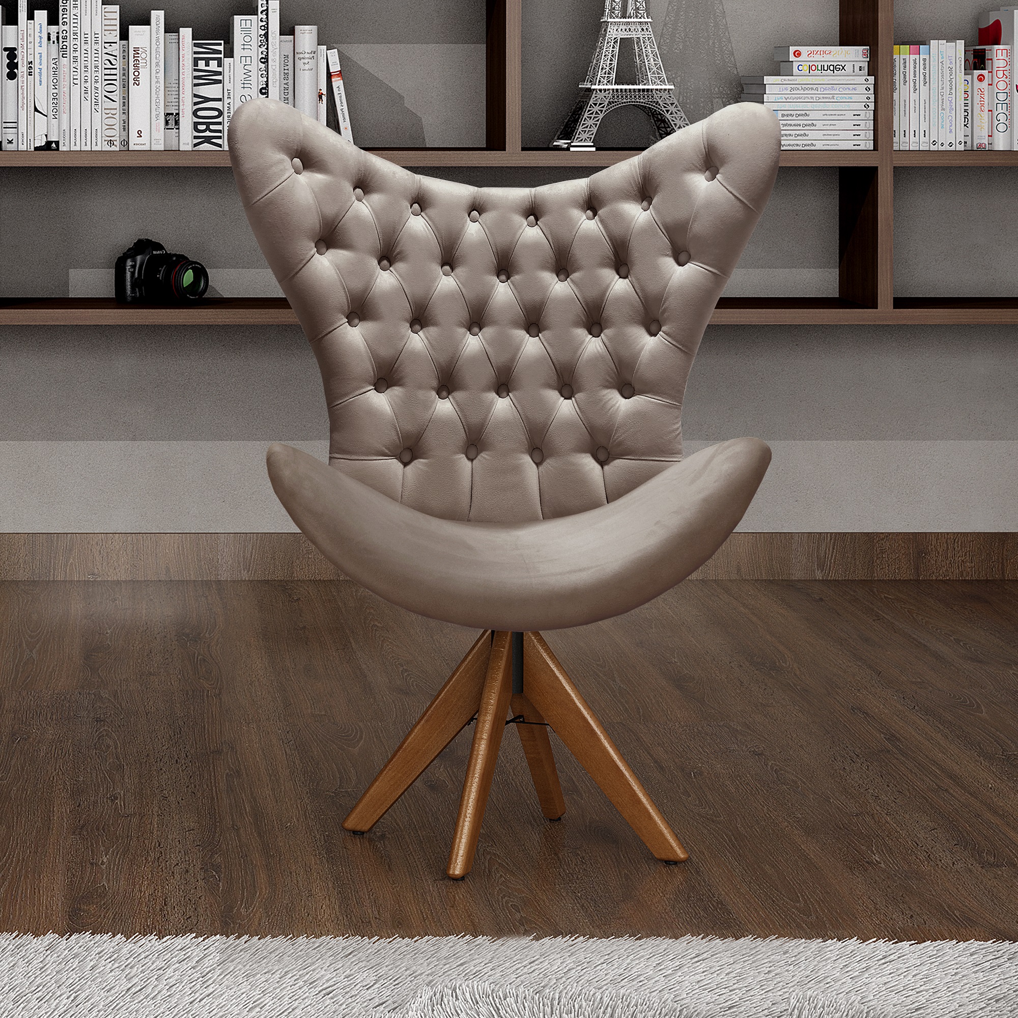 Poltrona Decorativa Egg Com Capitonê Pé Giratório Madeira - Veludo Capuccino