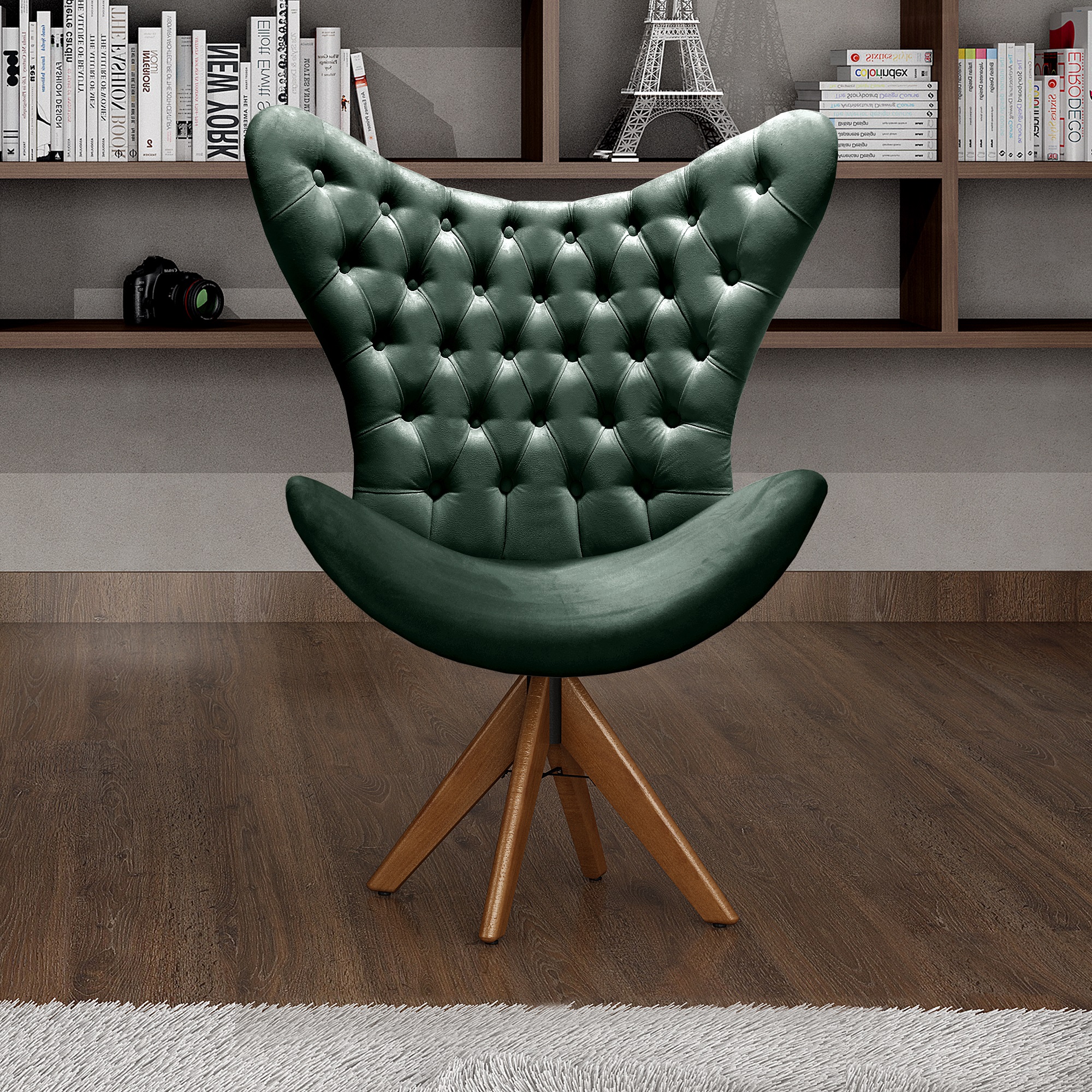 Poltrona Decorativa Egg Com Capitonê Pé Giratório Madeira - Veludo Verde